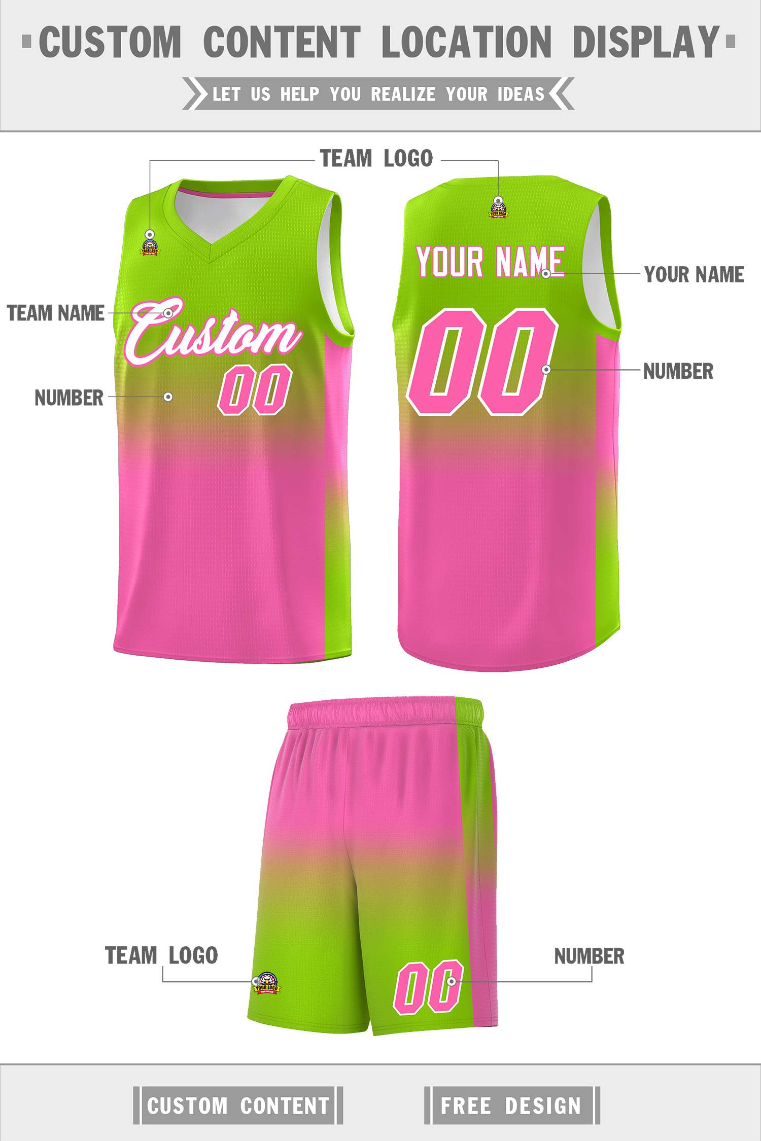 Custom Neon Green Pink Gradient Fashion Sets Sports Uniform Basketball Jersey