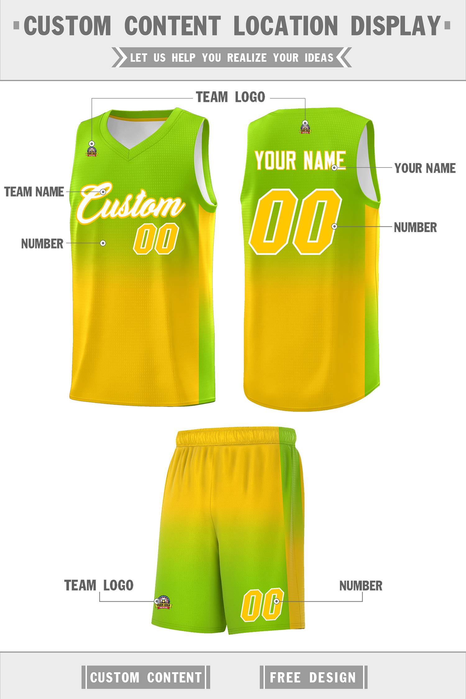 Custom Neon Green Gold Gradient Fashion Sets Sports Uniform Basketball Jersey