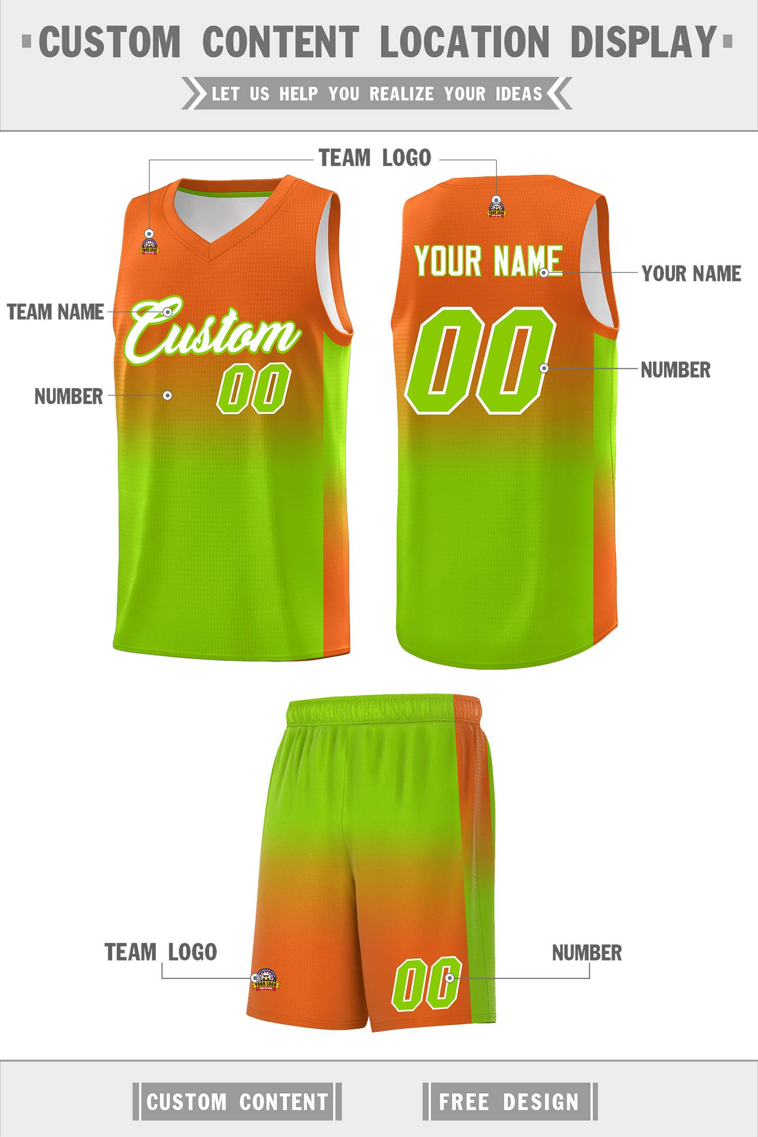 Custom Orange Neon Green Gradient Fashion Sets Sports Uniform Basketball Jersey