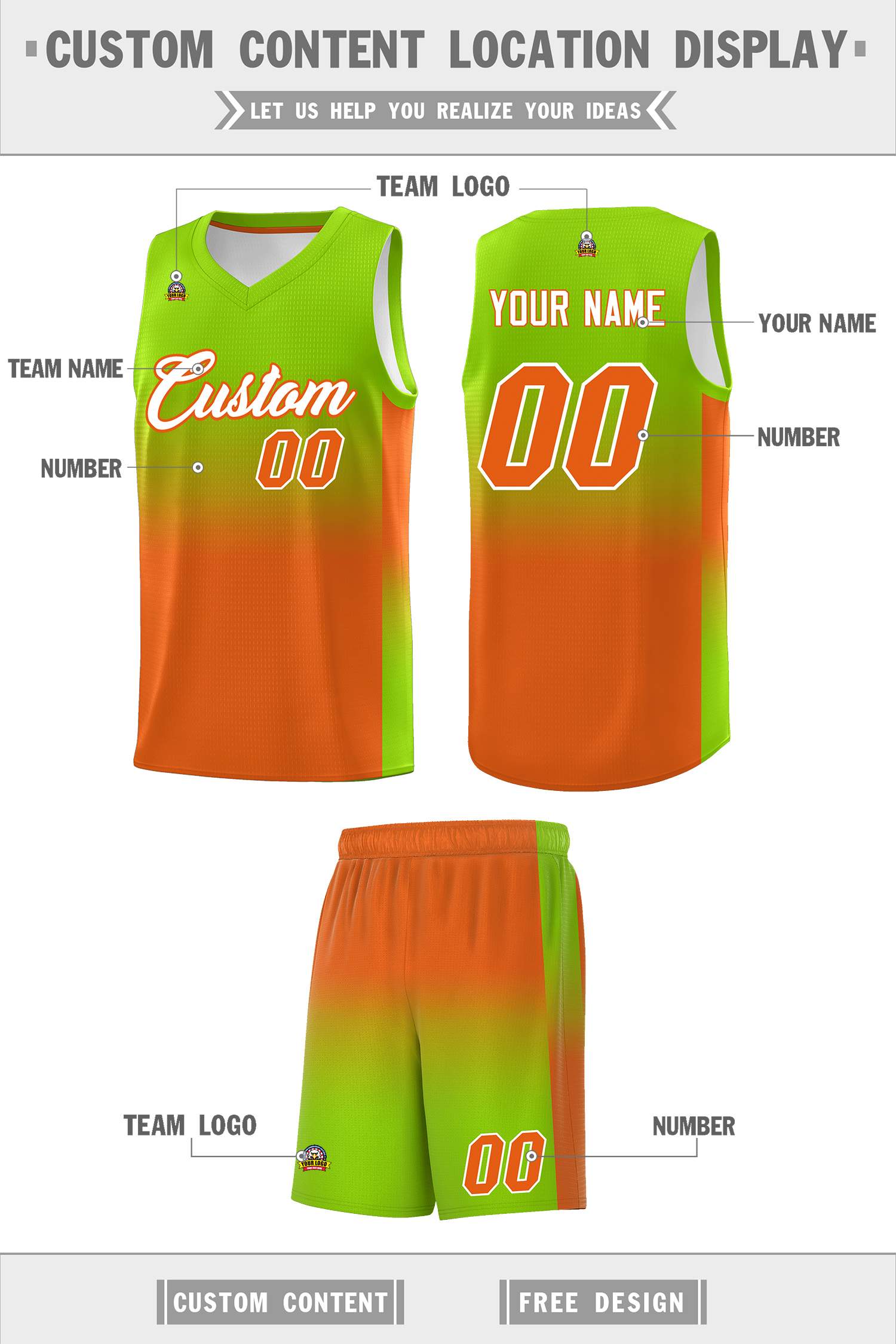 Custom Neon Green Orange Gradient Fashion Sets Sports Uniform Basketball Jersey