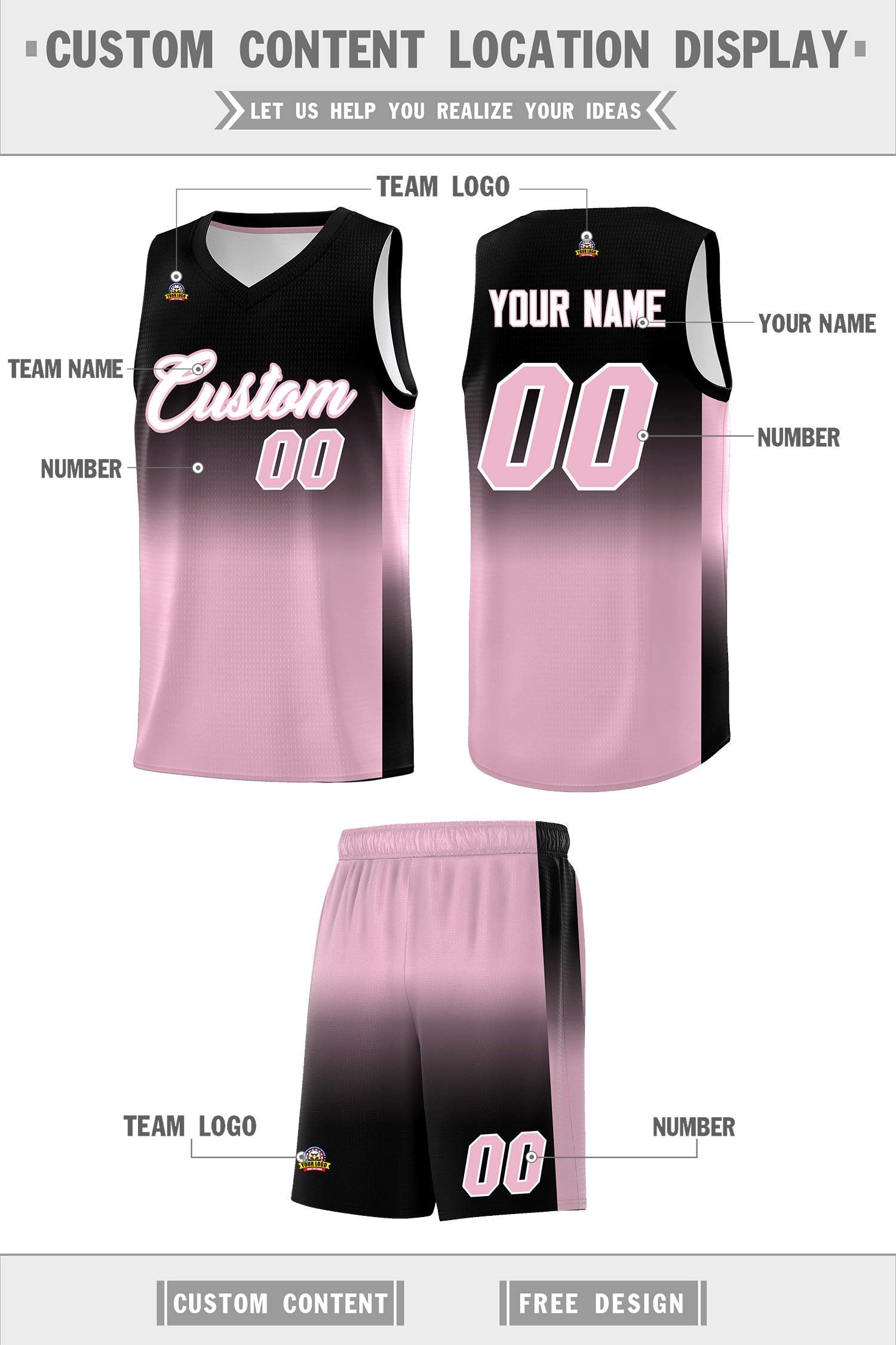 Custom Black Light Pink Gradient Fashion Sets Sports Uniform Basketball Jersey