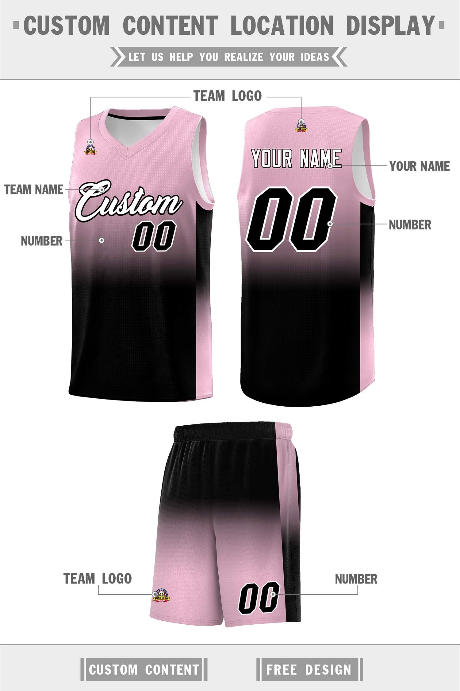 Custom Light Pink Black Gradient Fashion Sets Sports Uniform Basketball Jersey