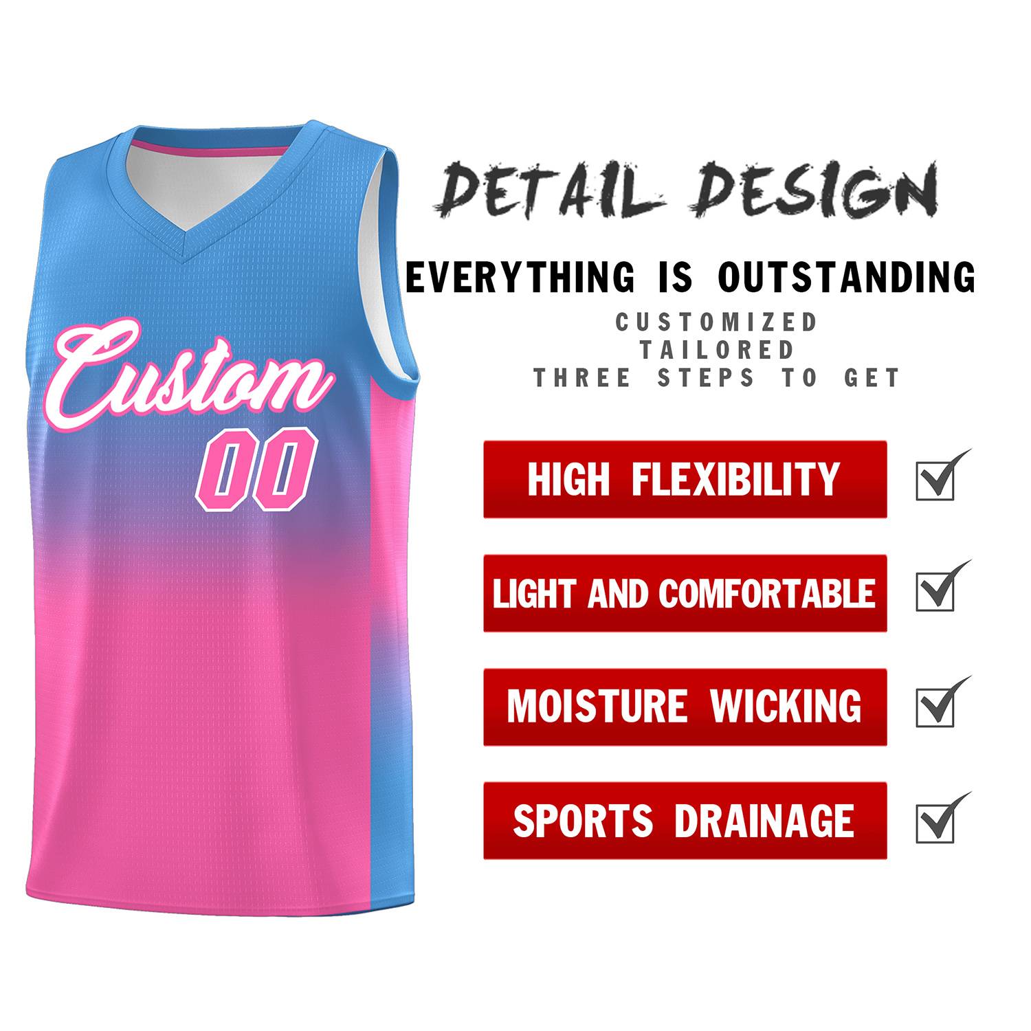 Custom Powder Blue Pink Gradient Fashion Sets Sports Uniform Basketball Jersey