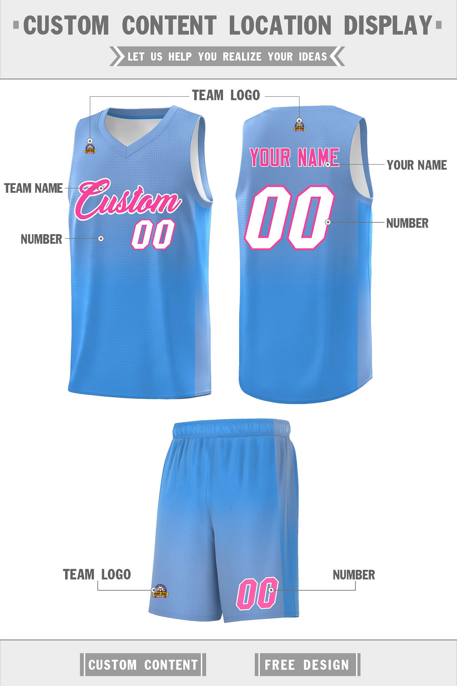 Custom Light Blue Powder Blue Gradient Fashion Sets Sports Uniform Basketball Jersey