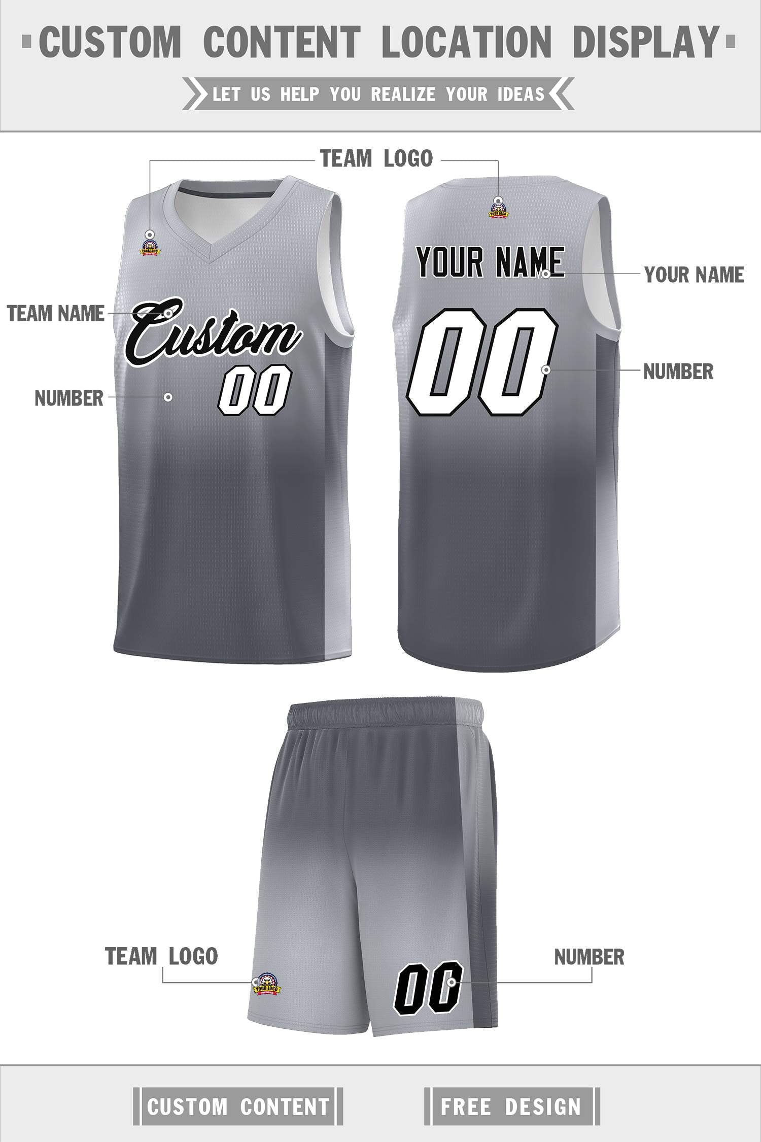 Custom Gray Dark Gray Gradient Fashion Sets Sports Uniform Basketball Jersey