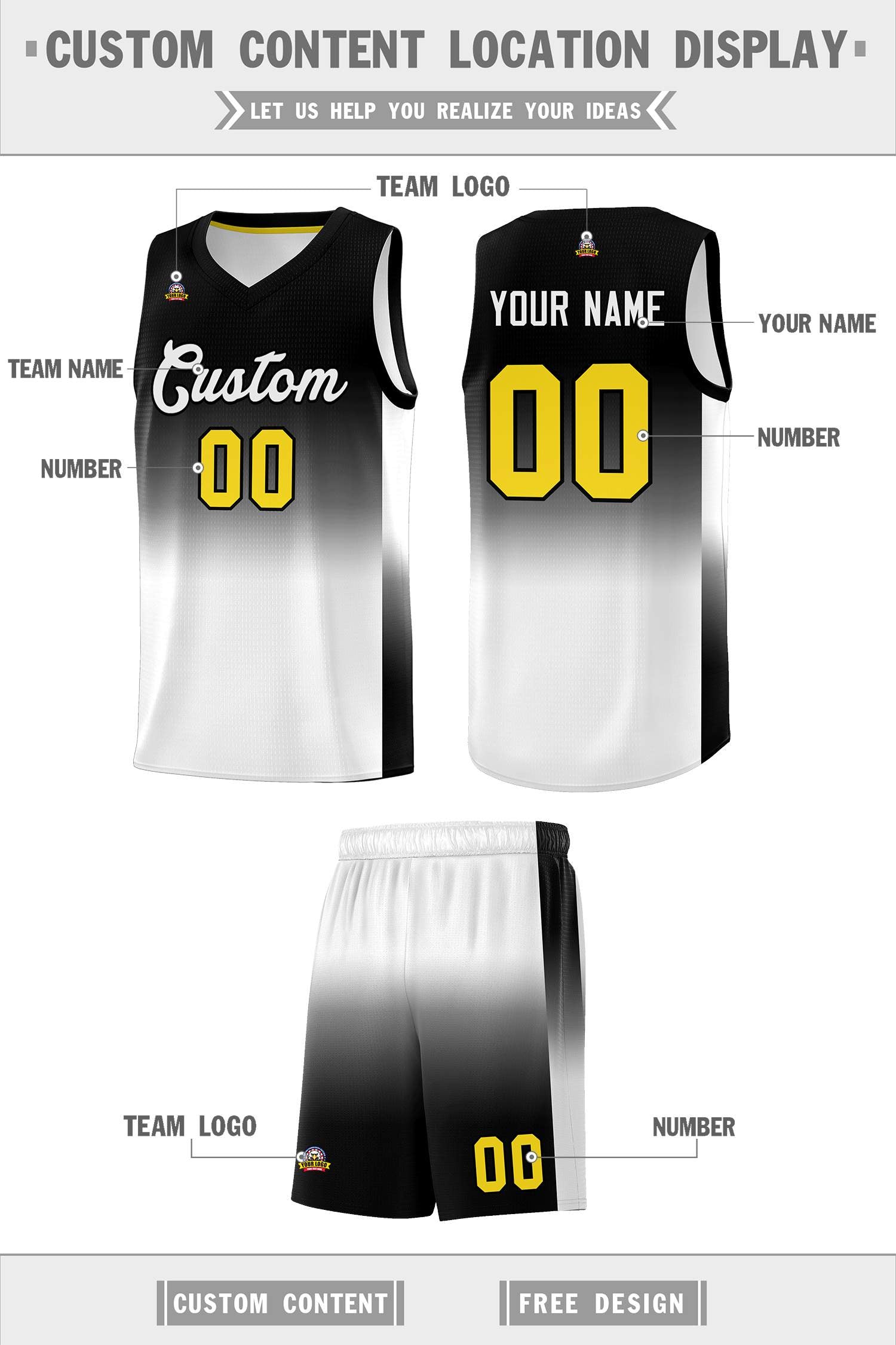 Custom Black White Gradient Fashion Sets Sports Uniform Basketball Jersey