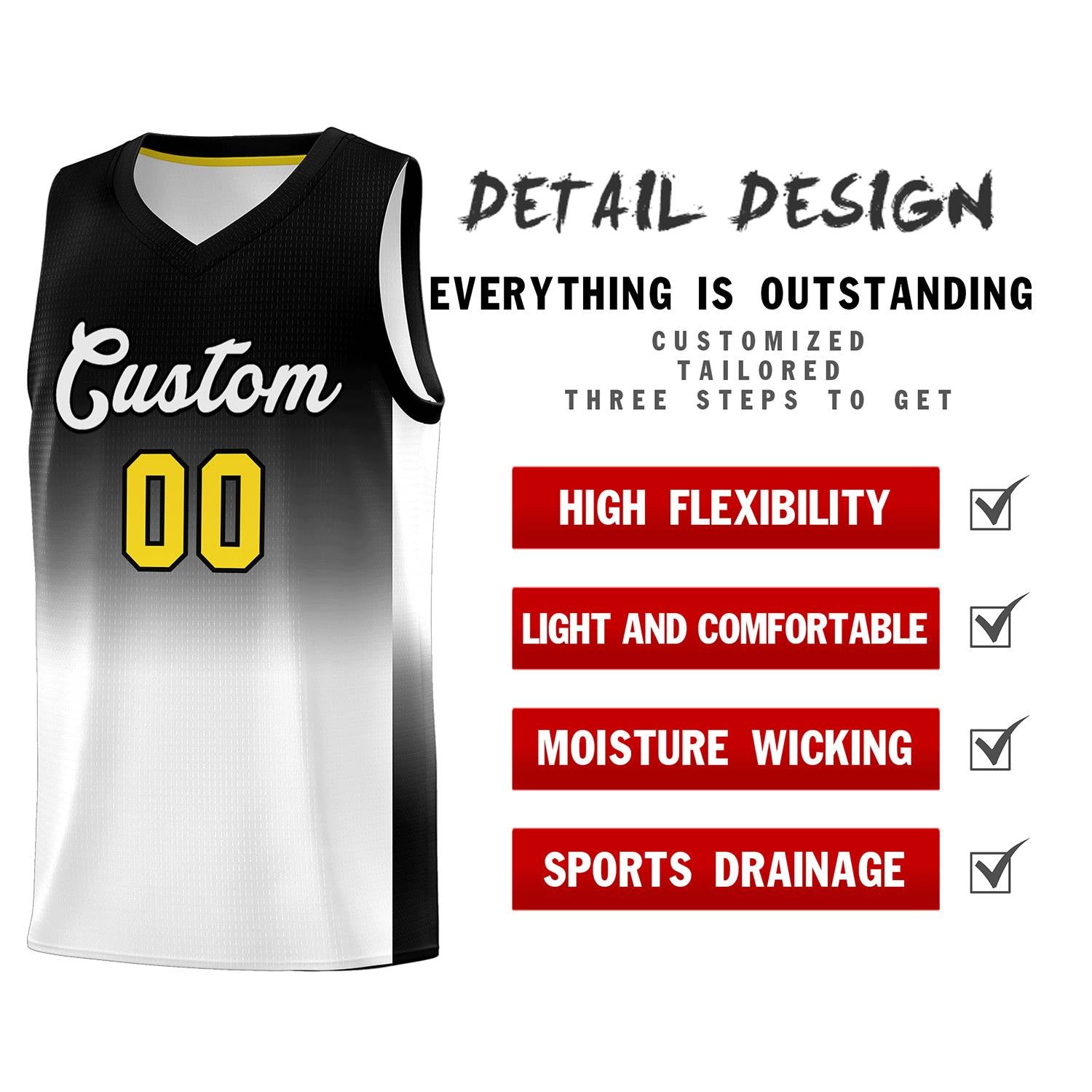 Custom Black White Gradient Fashion Sets Sports Uniform Basketball Jersey