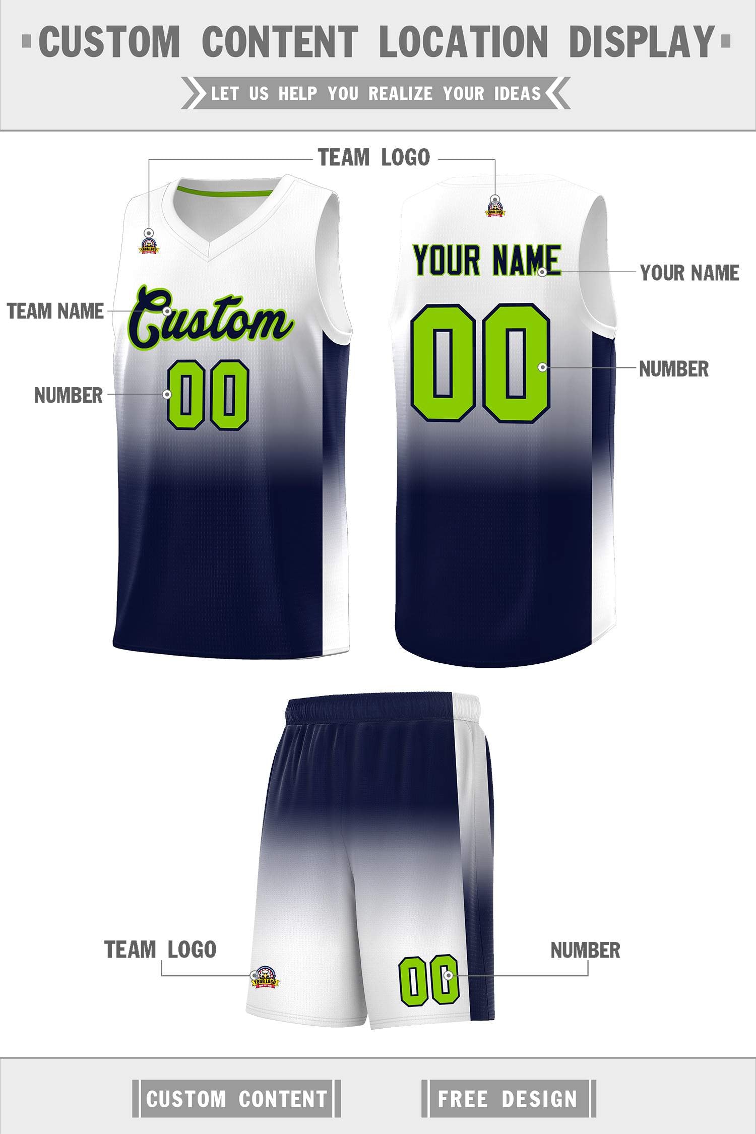 Custom White Navy Gradient Fashion Sets Sports Uniform Basketball Jersey