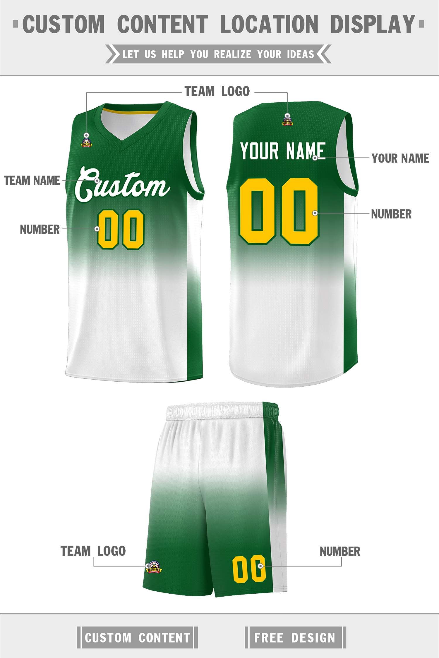 Custom Kelly Green White Gradient Fashion Sets Sports Uniform Basketball Jersey