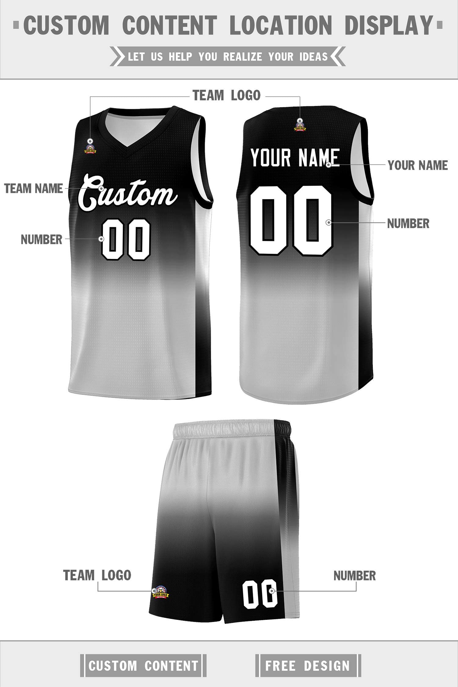 Custom Black Gray Gradient Fashion Sets Sports Uniform Basketball Jersey