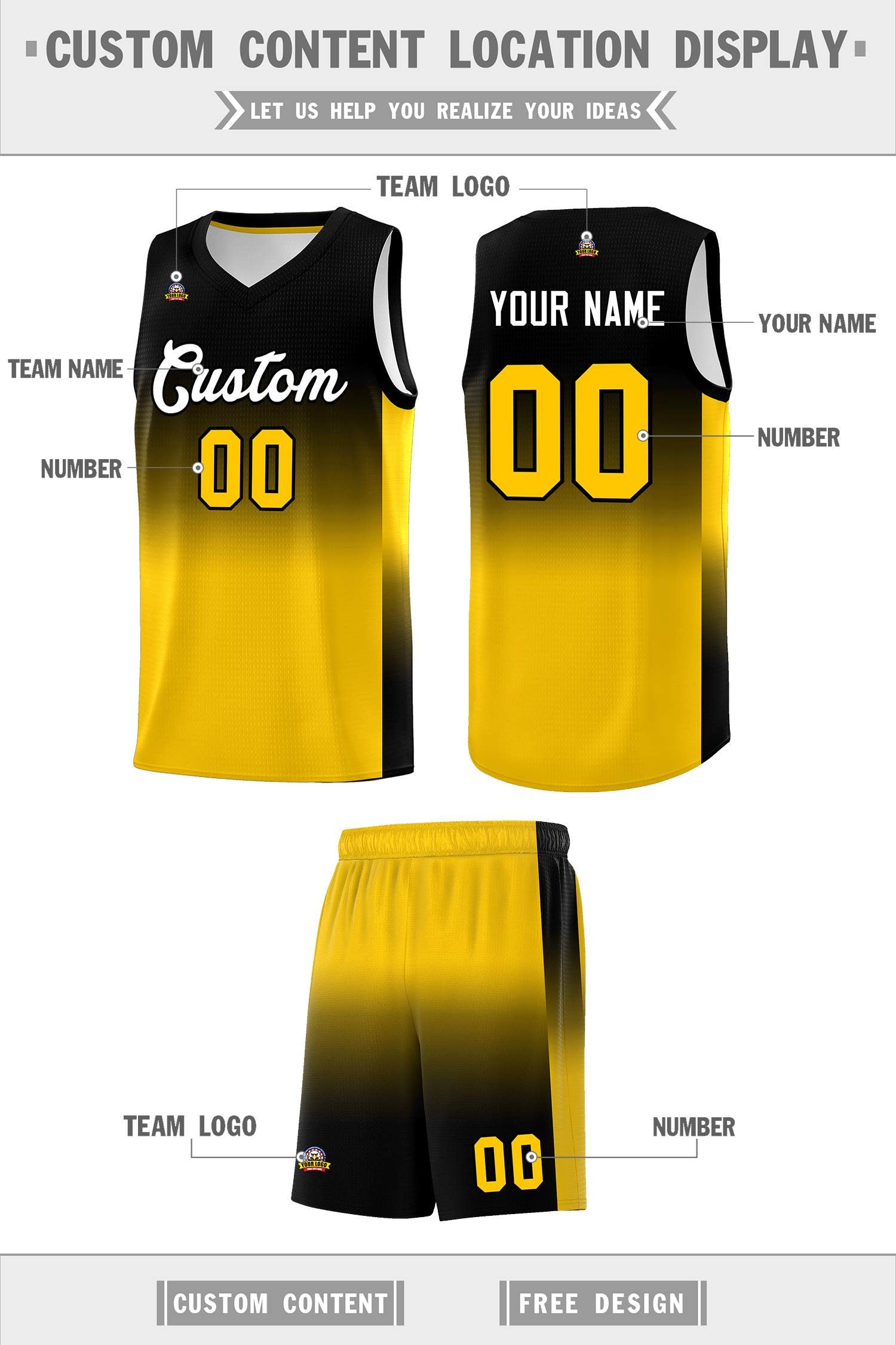 Custom Black Gold Gradient Fashion Sets Sports Uniform Basketball Jersey