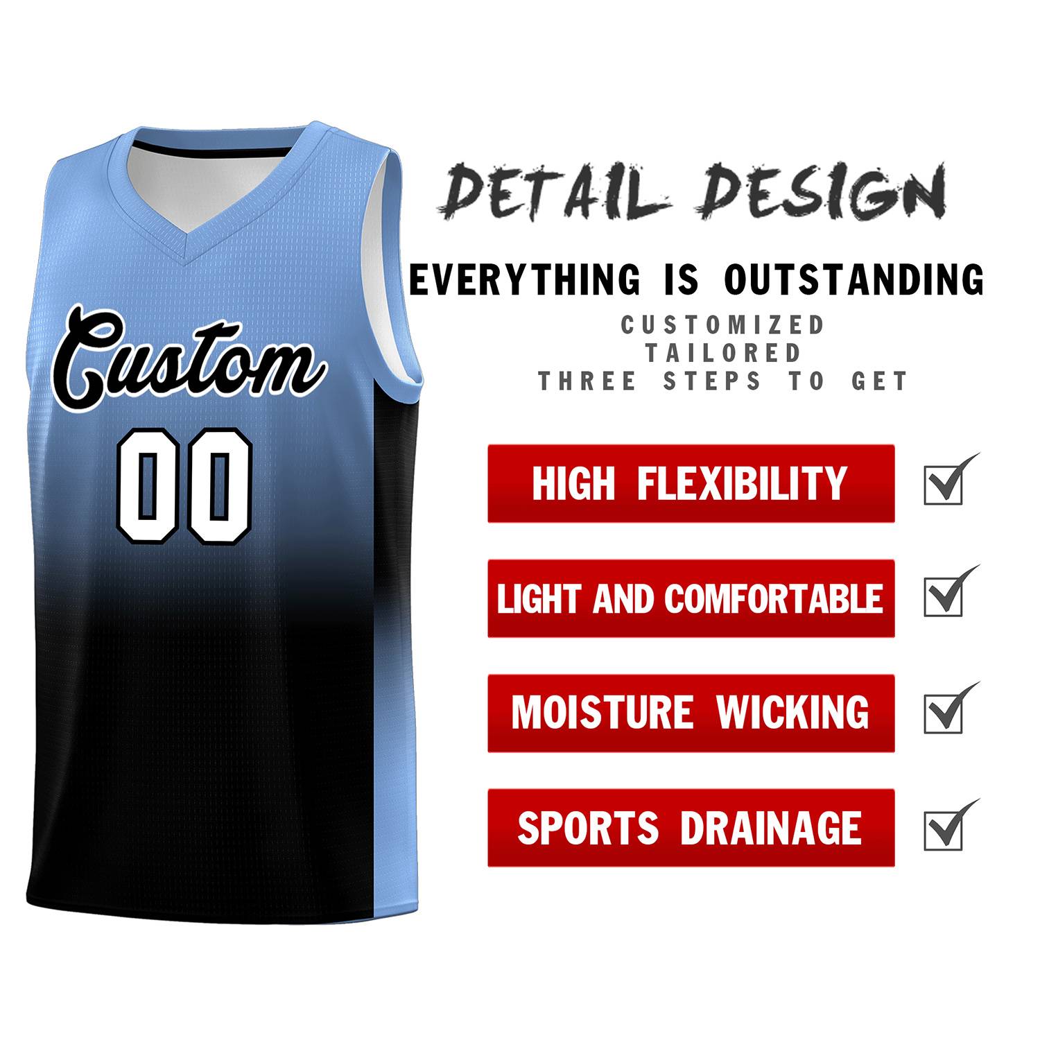 Custom Light Blue Black Gradient Fashion Sets Sports Uniform Basketball Jersey