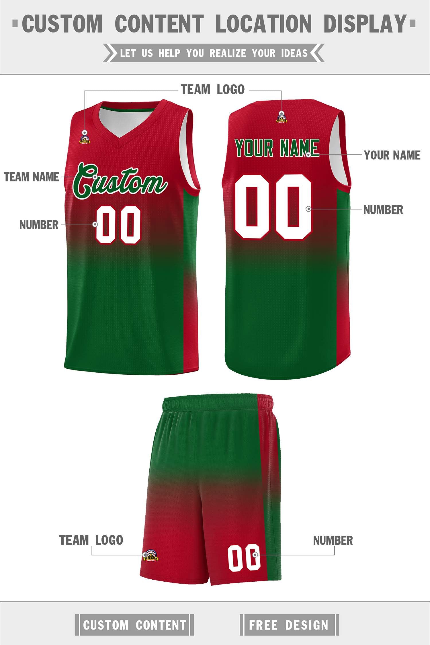 Custom Red Kelly Green Gradient Fashion Sets Sports Uniform Basketball Jersey