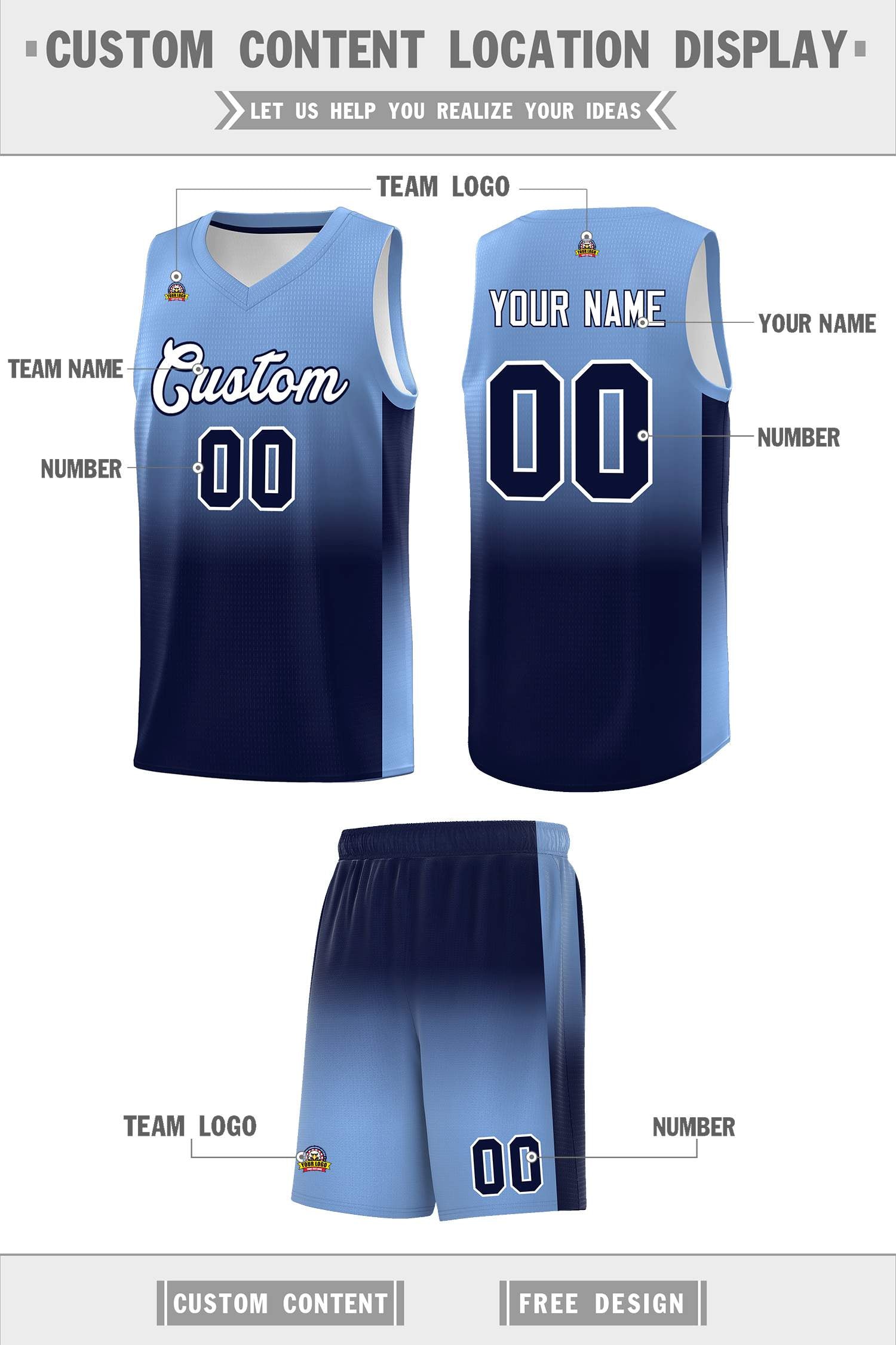 Custom Light Blue Navy Gradient Fashion Sets Sports Uniform Basketball Jersey