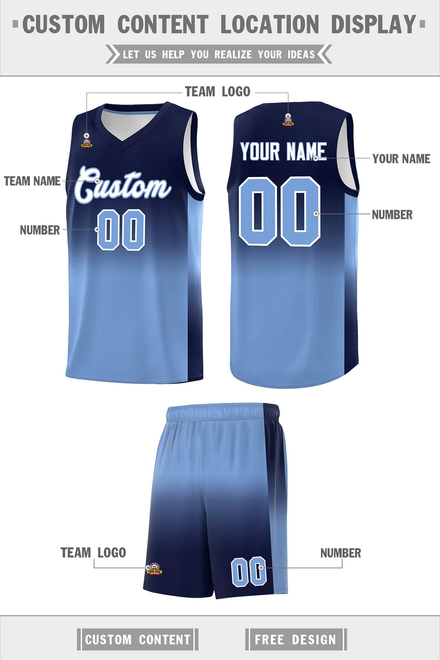 Custom Navy Light Blue Gradient Fashion Sets Sports Uniform Basketball Jersey