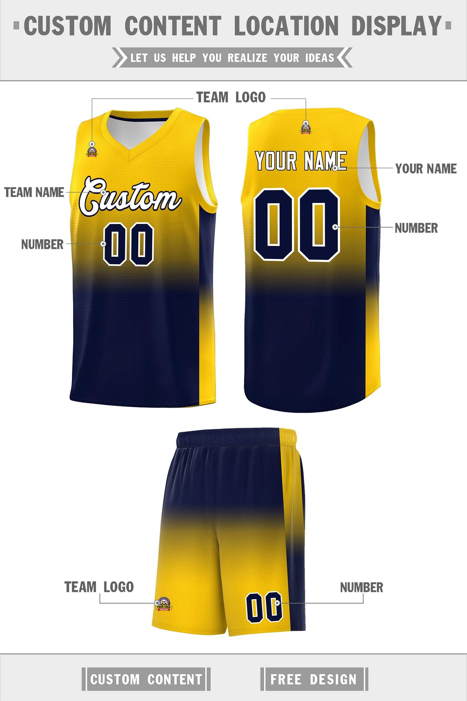 Custom Gold Navy Gradient Fashion Sets Sports Uniform Basketball Jersey