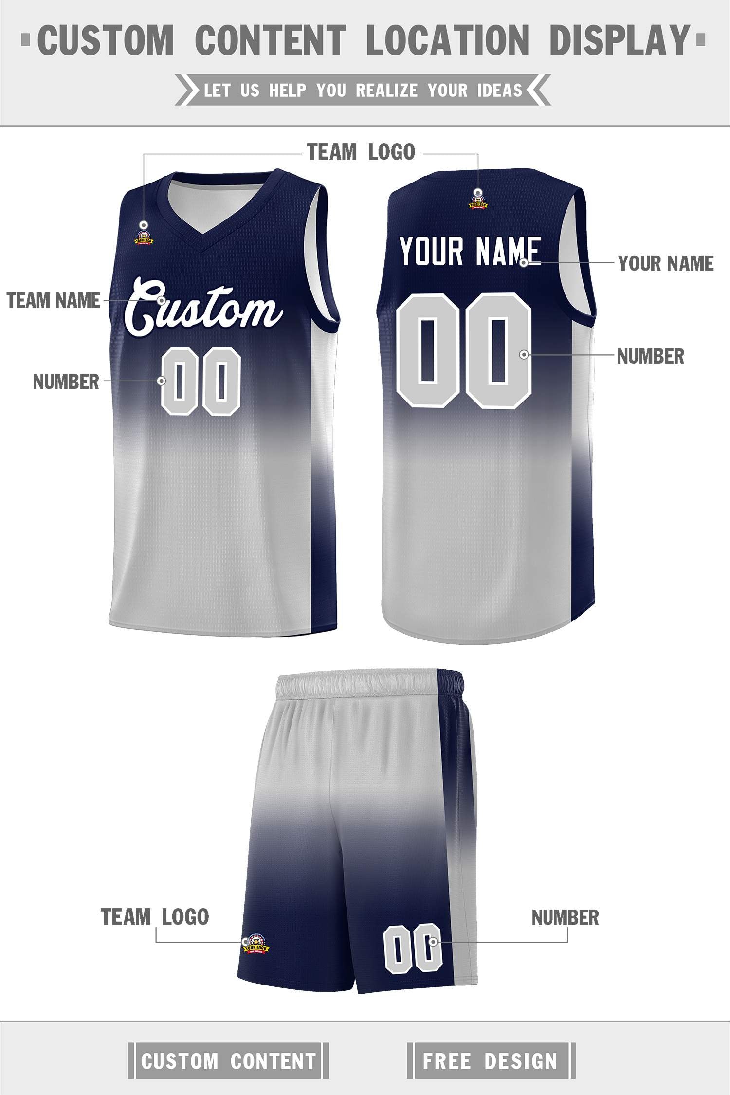 Custom Navy Gray Gradient Fashion Sets Sports Uniform Basketball Jersey