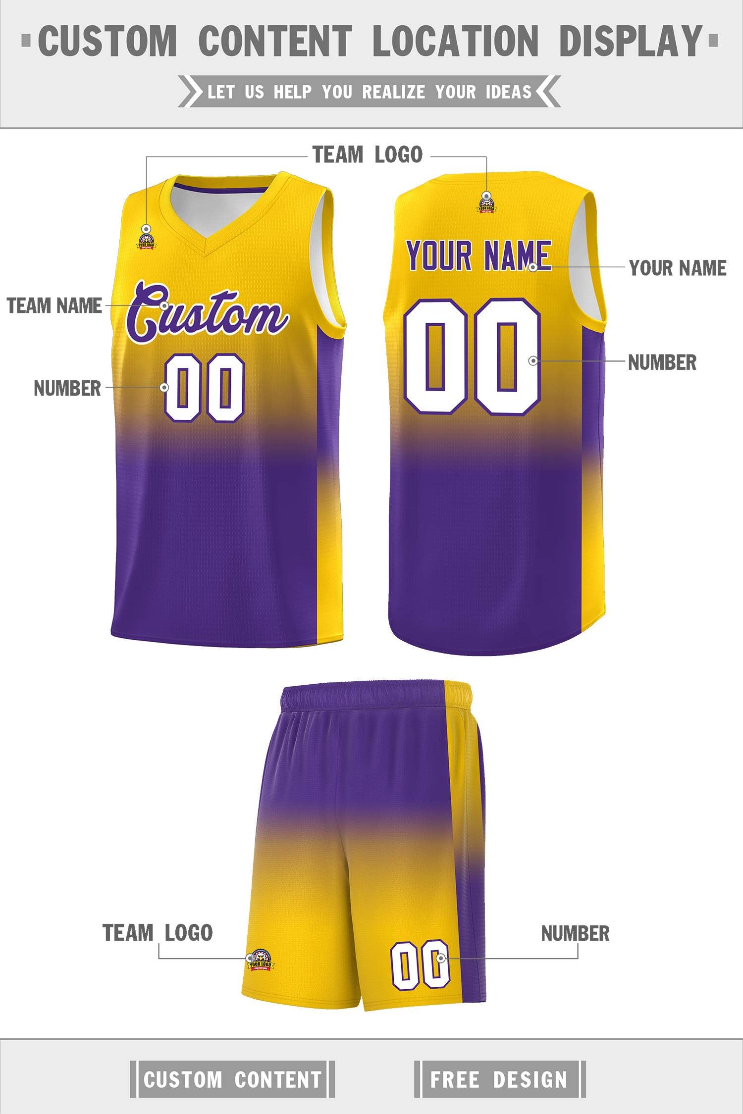 Custom Gold Purple Gradient Fashion Sets Sports Uniform Basketball Jersey