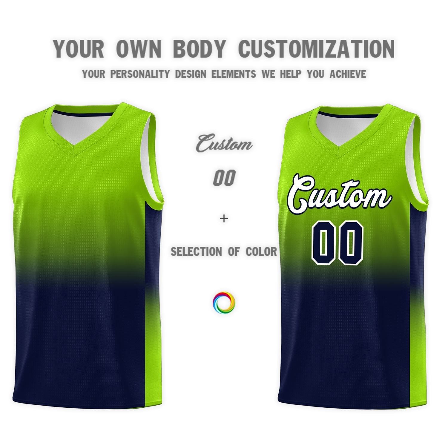 Custom Neon Green Navy Gradient Fashion Sets Sports Uniform Basketball Jersey