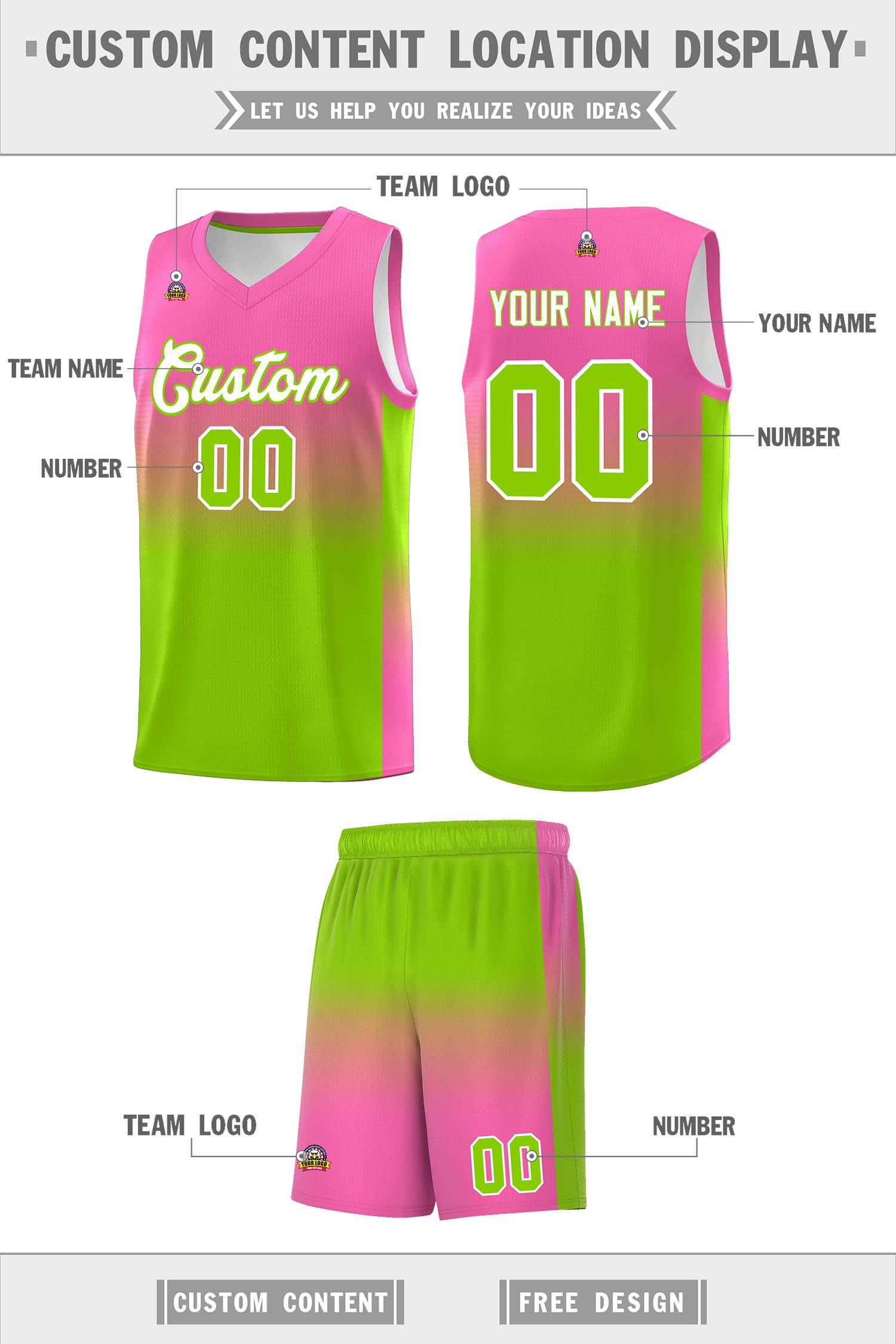 Custom Pink Neon Green Gradient Fashion Sets Sports Uniform Basketball Jersey