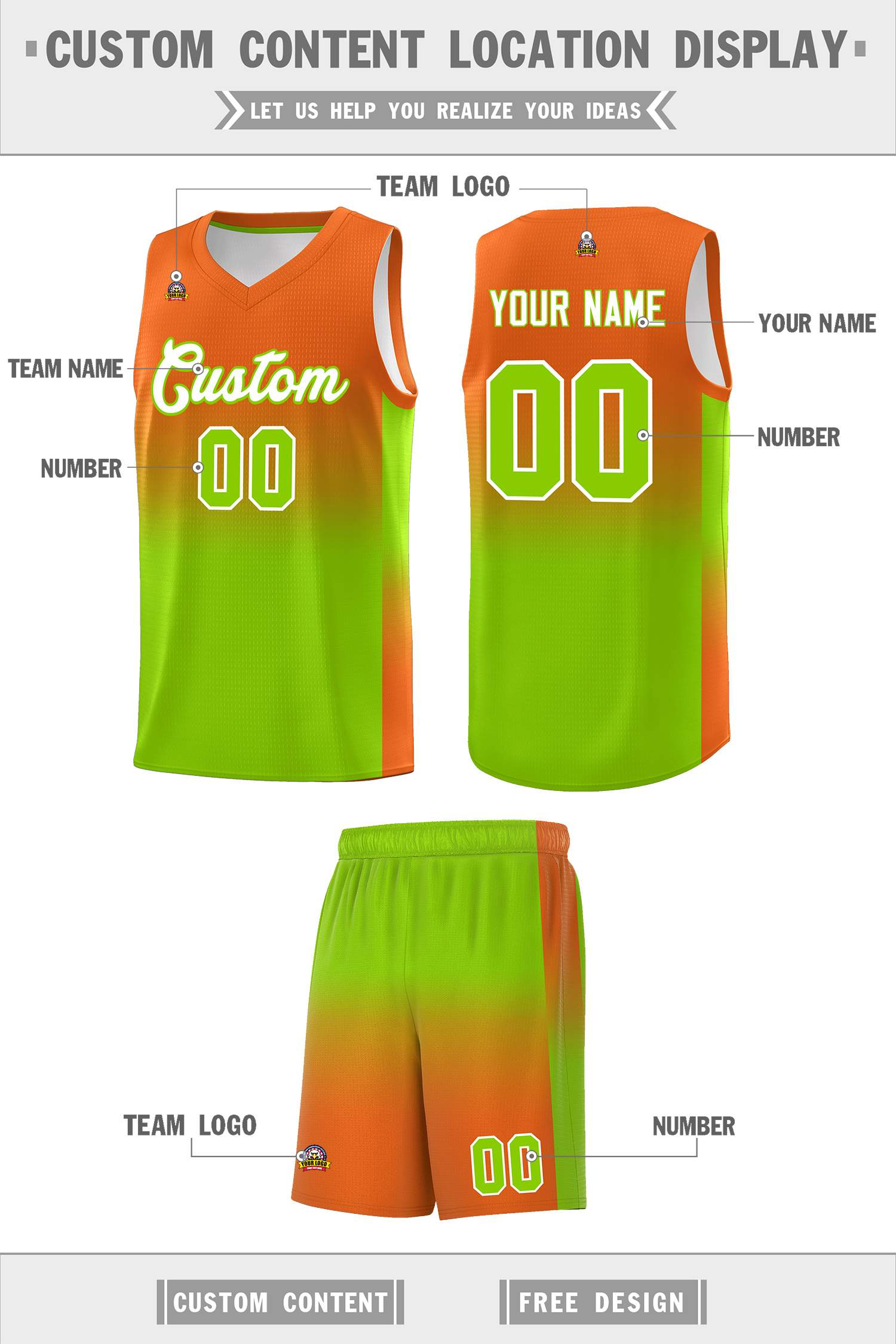 Custom Orange Neon Green Gradient Fashion Sets Sports Uniform Basketball Jersey