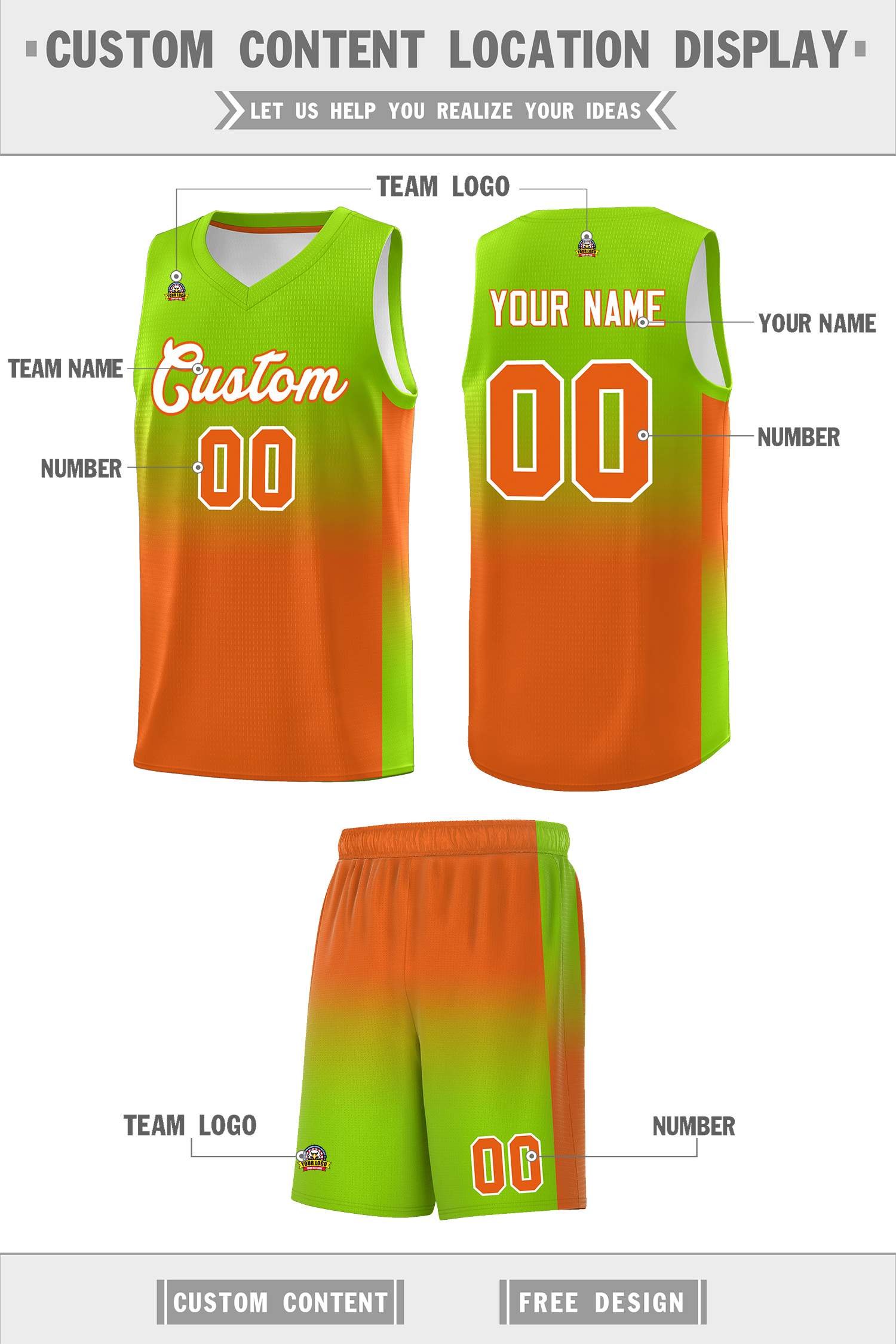 Custom Neon Green Orange Gradient Fashion Sets Sports Uniform Basketball Jersey