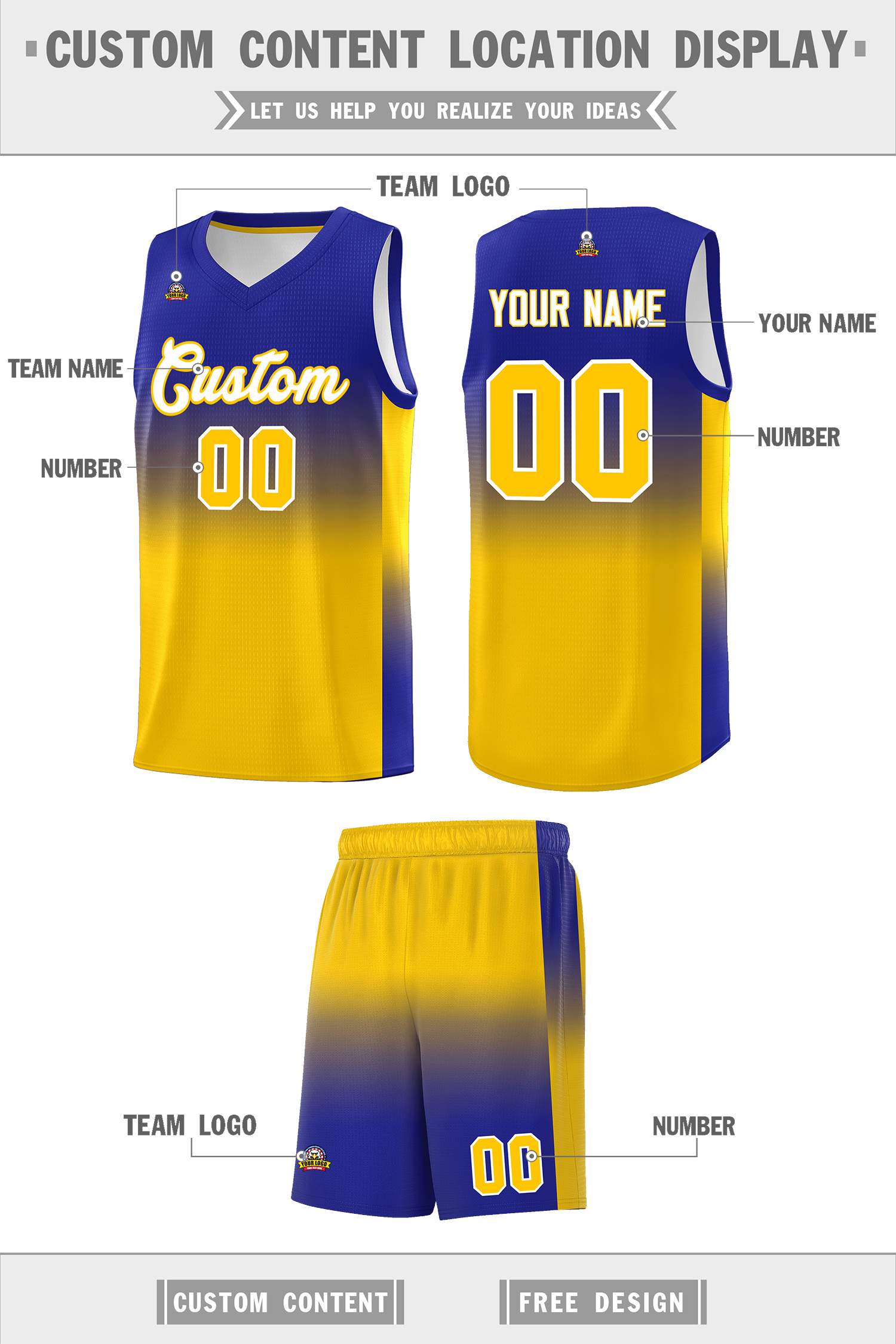 Custom Royal Gold Gradient Fashion Sets Sports Uniform Basketball Jersey