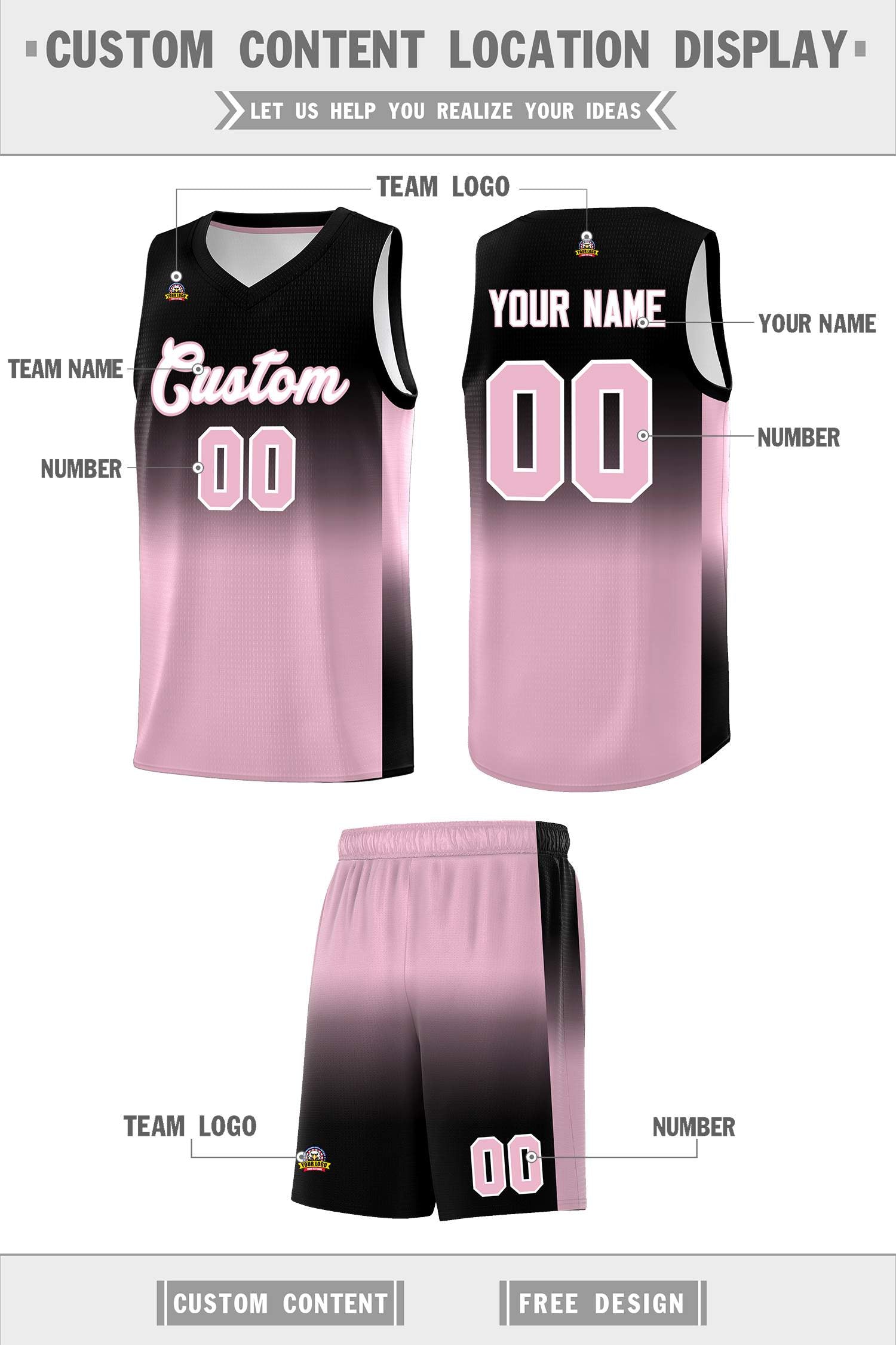 Custom Black Light Pink Gradient Fashion Sets Sports Uniform Basketball Jersey