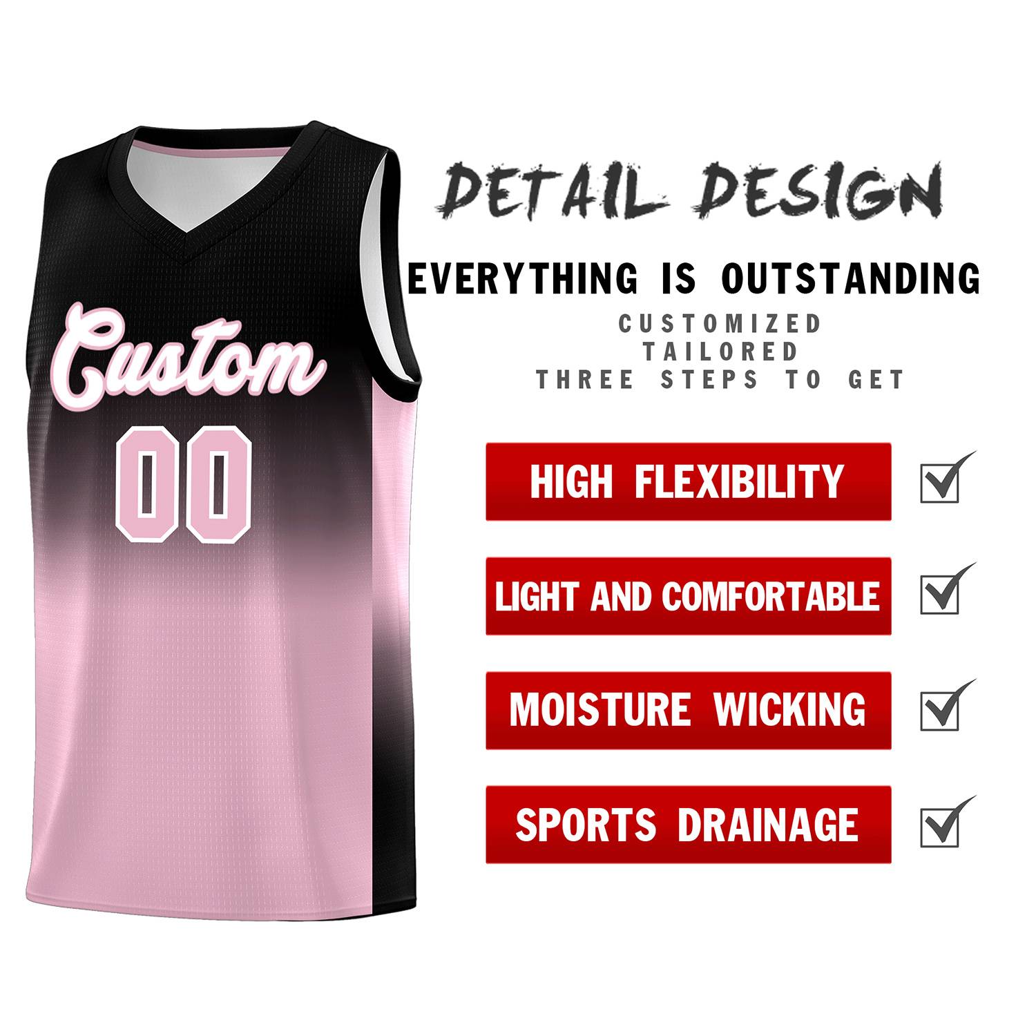 Custom Black Light Pink Gradient Fashion Sets Sports Uniform Basketball Jersey