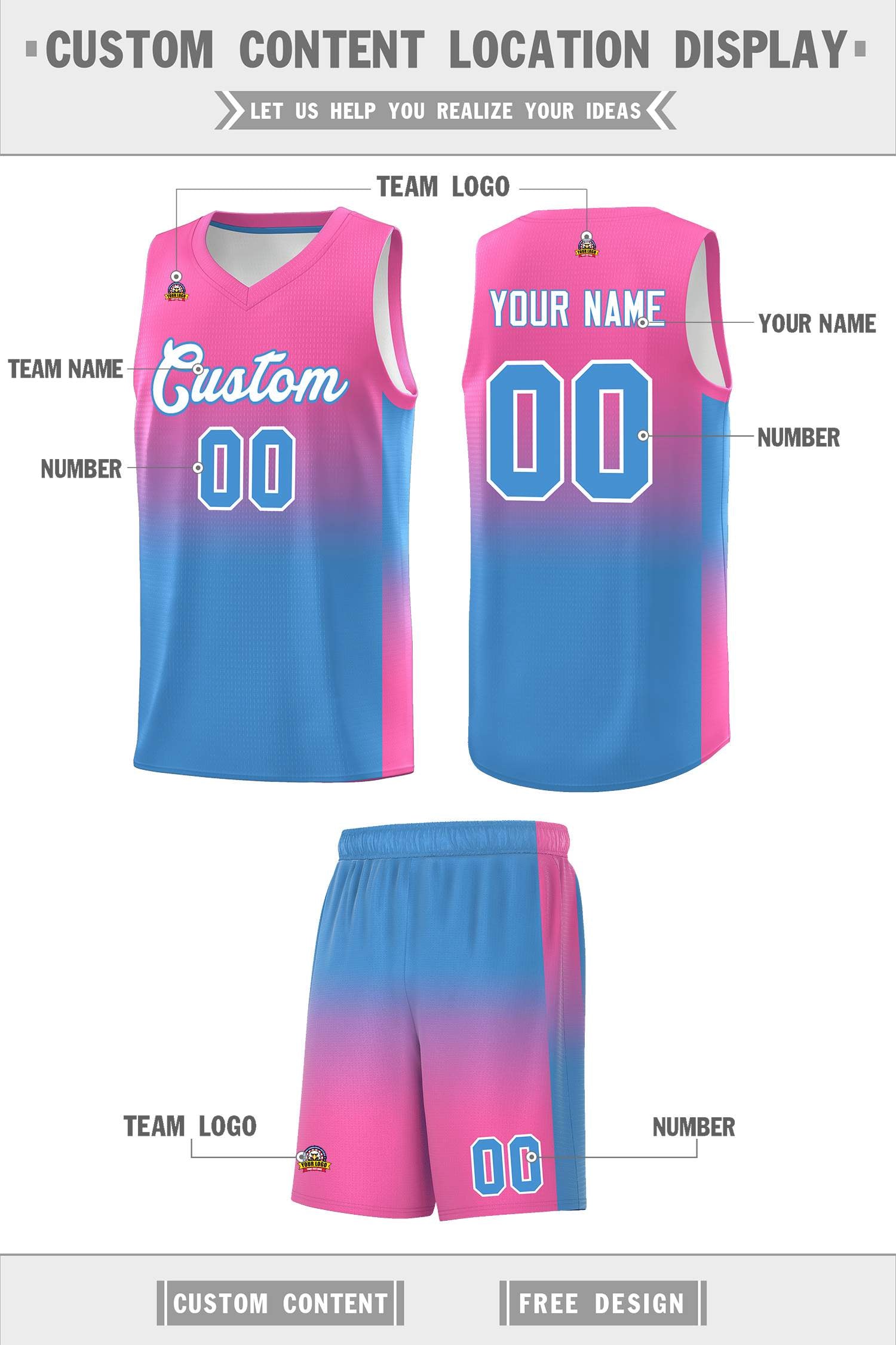 Custom Pink Powder Blue Gradient Fashion Sets Sports Uniform Basketball Jersey