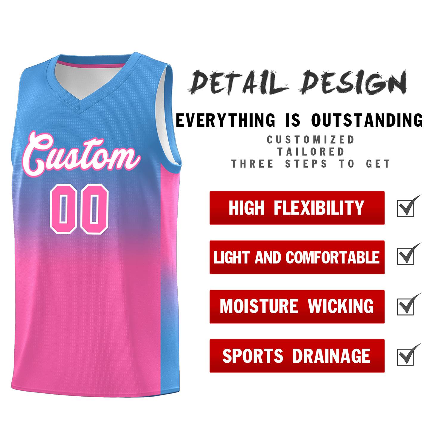 Custom Powder Blue Pink Gradient Fashion Sets Sports Uniform Basketball Jersey