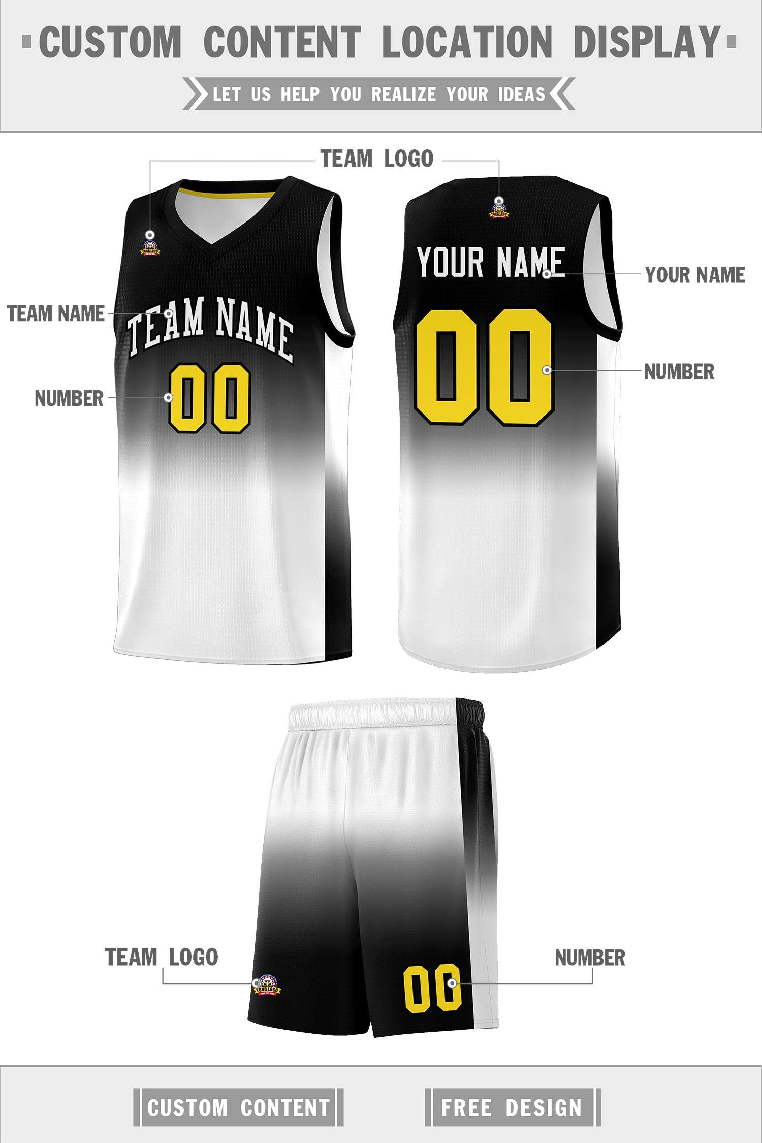 Custom Black White Gradient Fashion Sets Sports Uniform Basketball Jersey