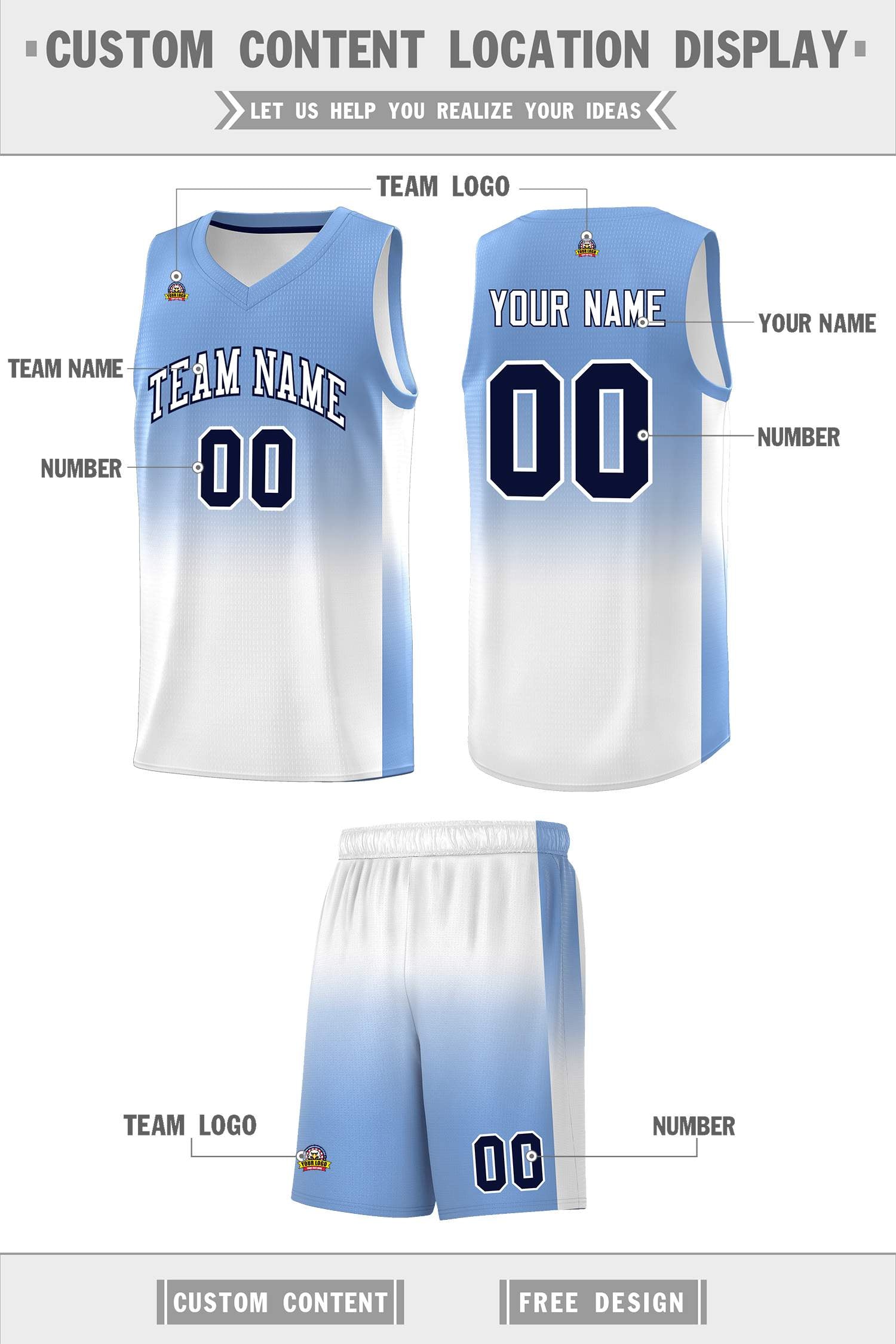 Custom Light Blue White Gradient Fashion Sets Sports Uniform Basketball Jersey