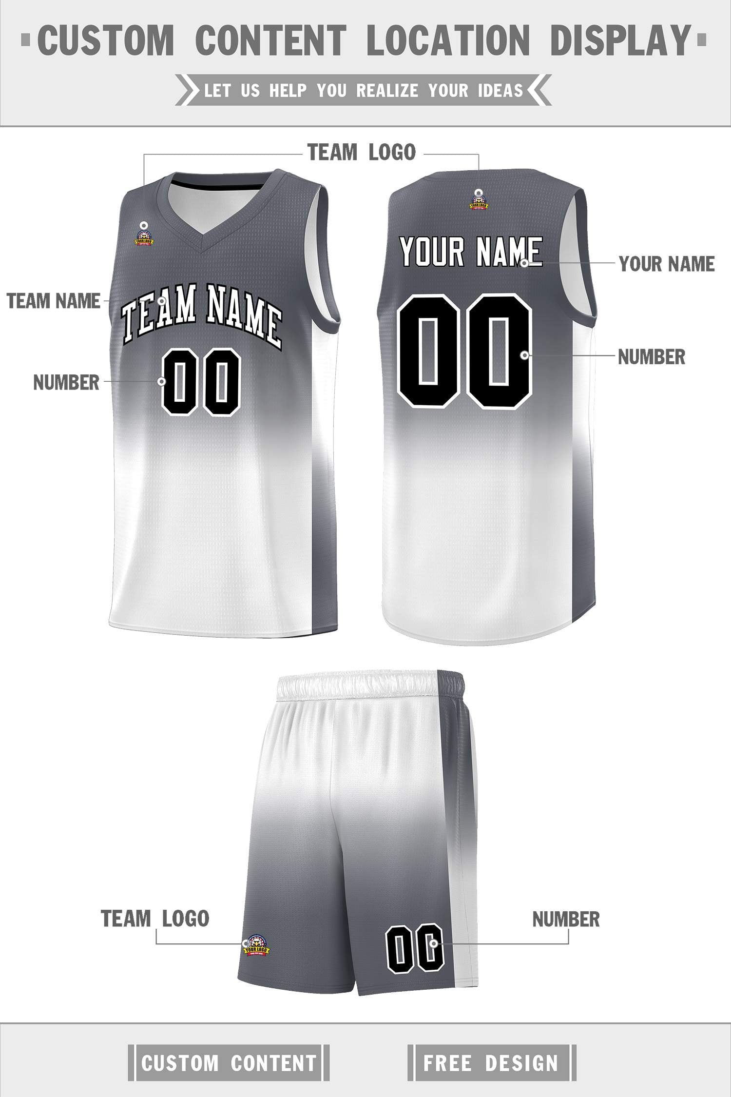 Custom Dark Gray White Gradient Fashion Sets Sports Uniform Basketball Jersey