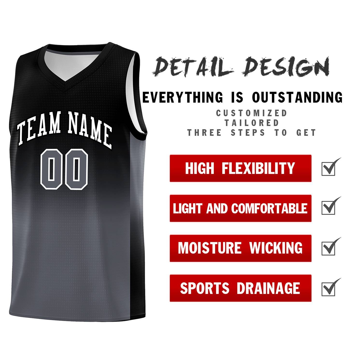 Custom Black Dark Gray Gradient Fashion Sets Sports Uniform Basketball Jersey