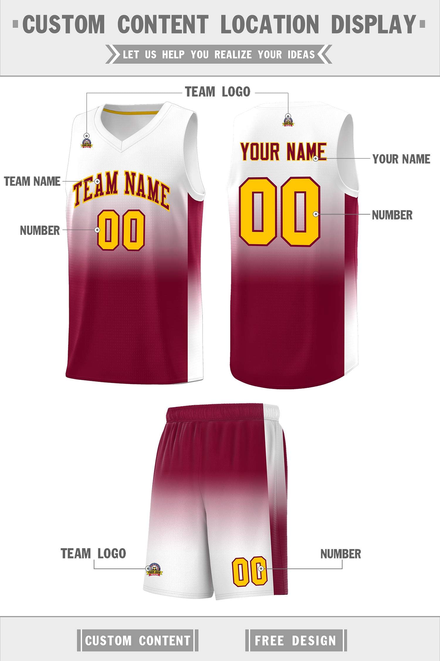 Custom White Crimson Gradient Fashion Sets Sports Uniform Basketball Jersey