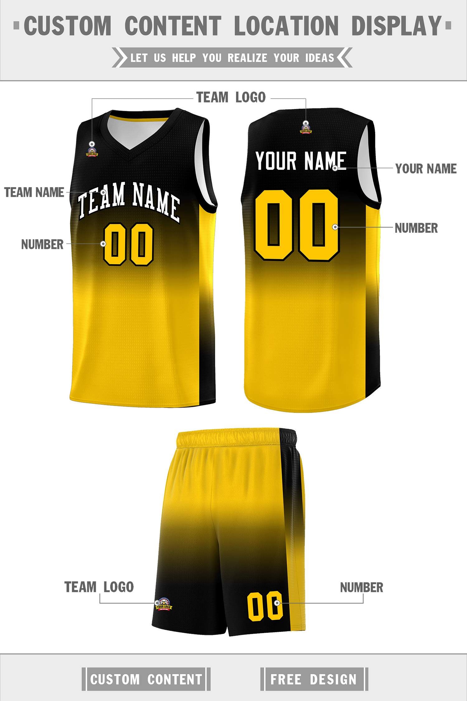 Custom Black Gold Gradient Fashion Sets Sports Uniform Basketball Jersey