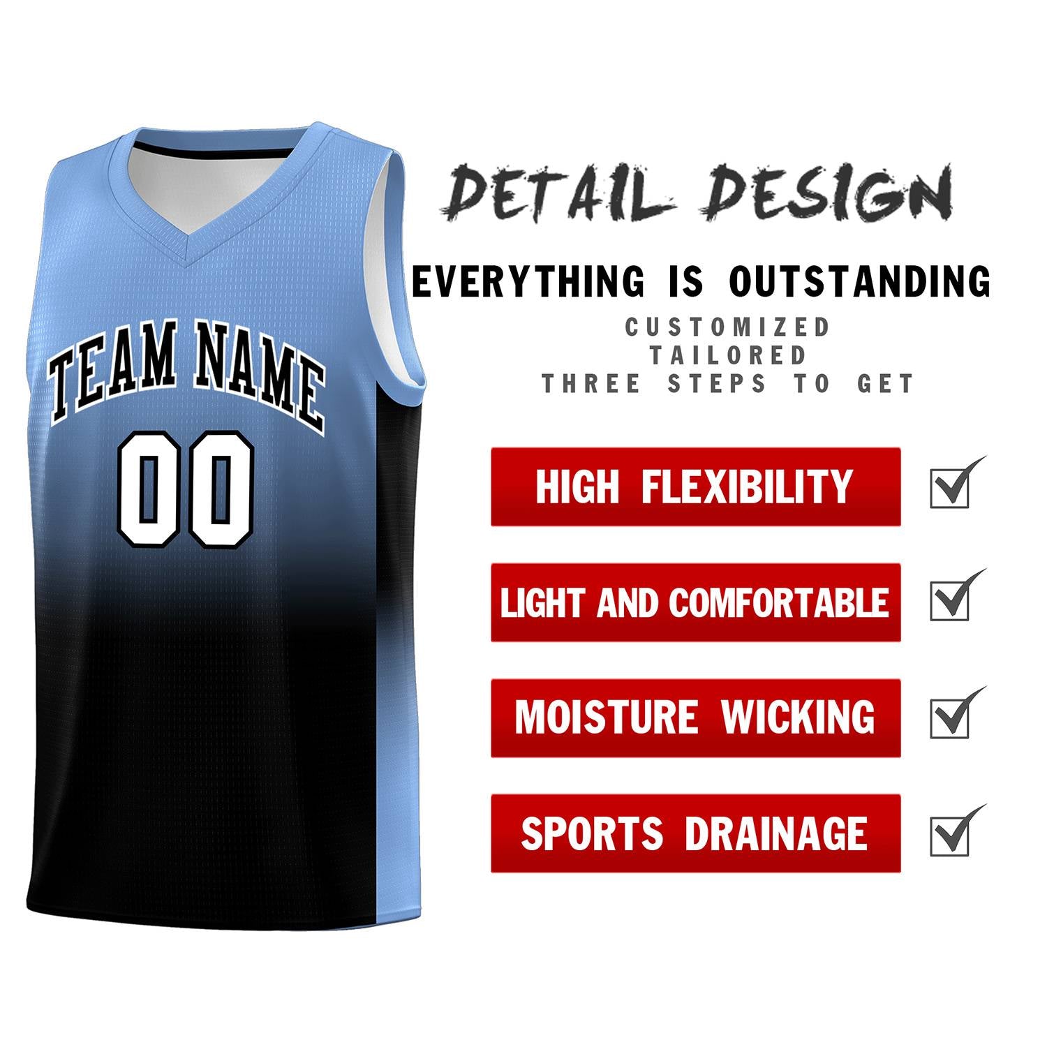 Custom Light Blue Black Gradient Fashion Sets Sports Uniform Basketball Jersey