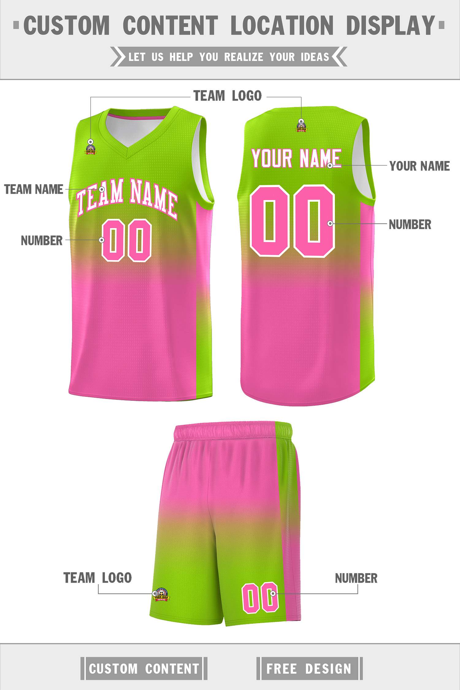 Custom Neon Green Pink Gradient Fashion Sets Sports Uniform Basketball Jersey