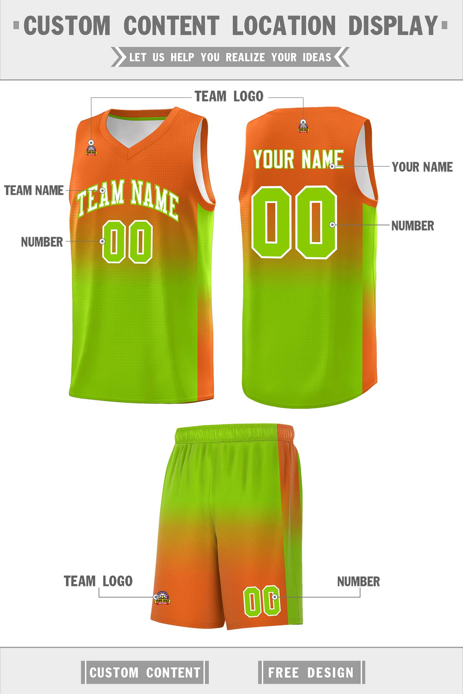 Custom Orange Neon Green Gradient Fashion Sets Sports Uniform Basketball Jersey