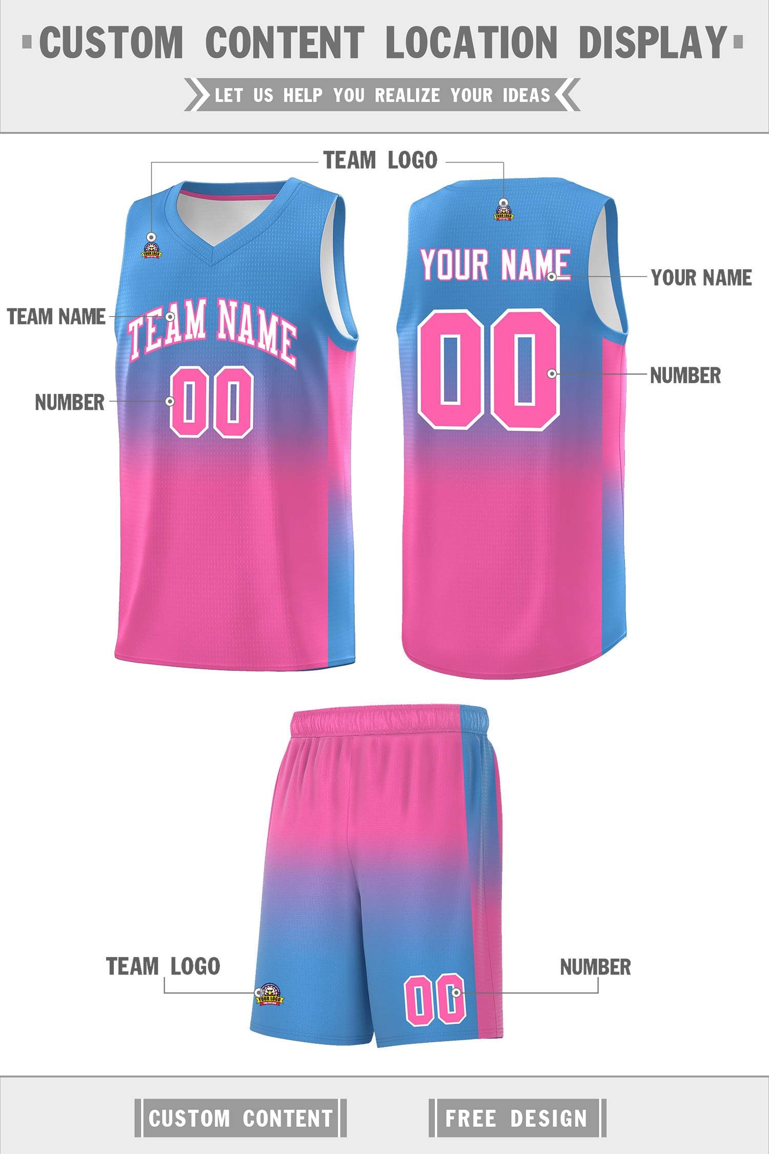 Custom Powder Blue Pink Gradient Fashion Sets Sports Uniform Basketball Jersey