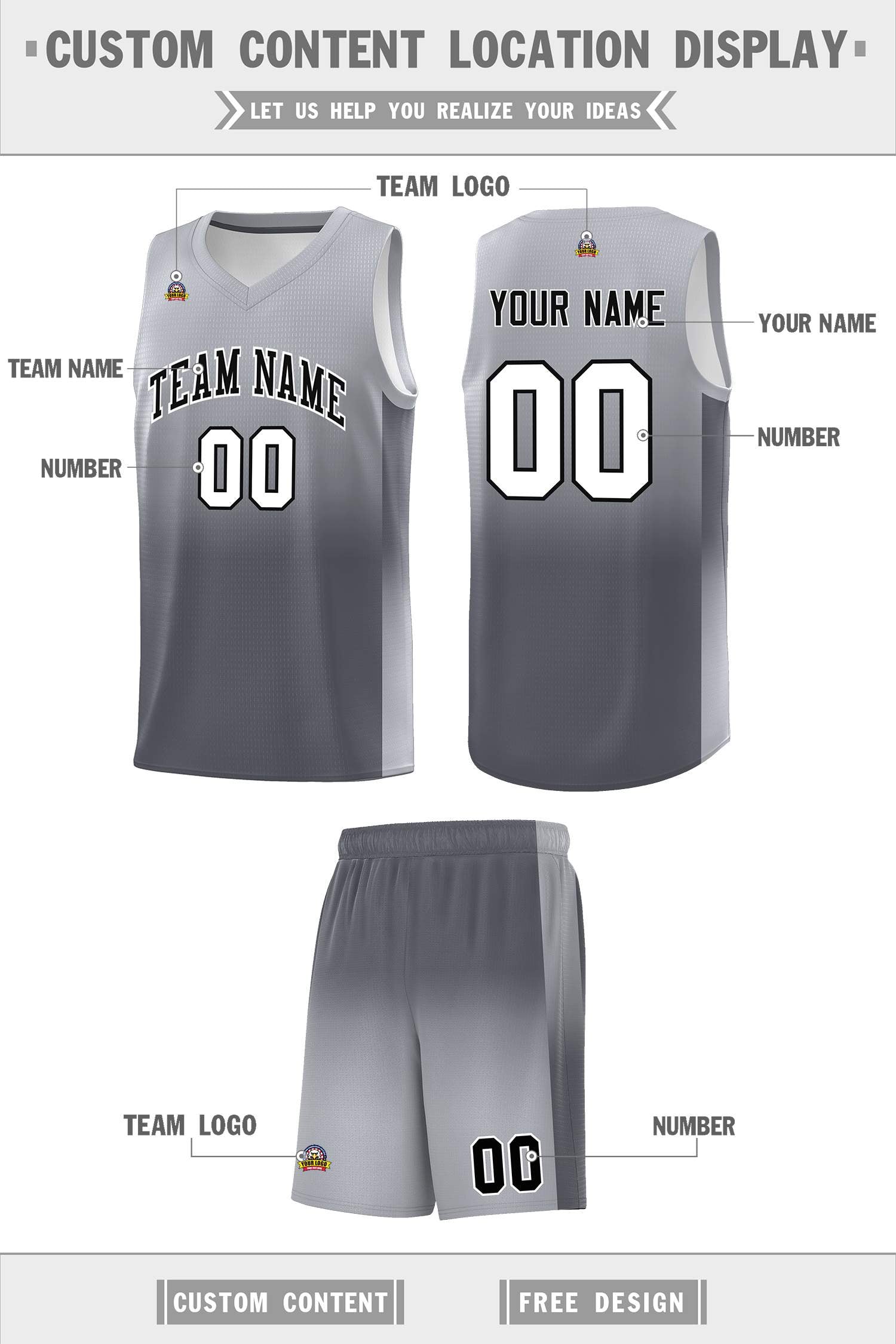 Custom Gray Dark Gray Gradient Fashion Sets Sports Uniform Basketball Jersey