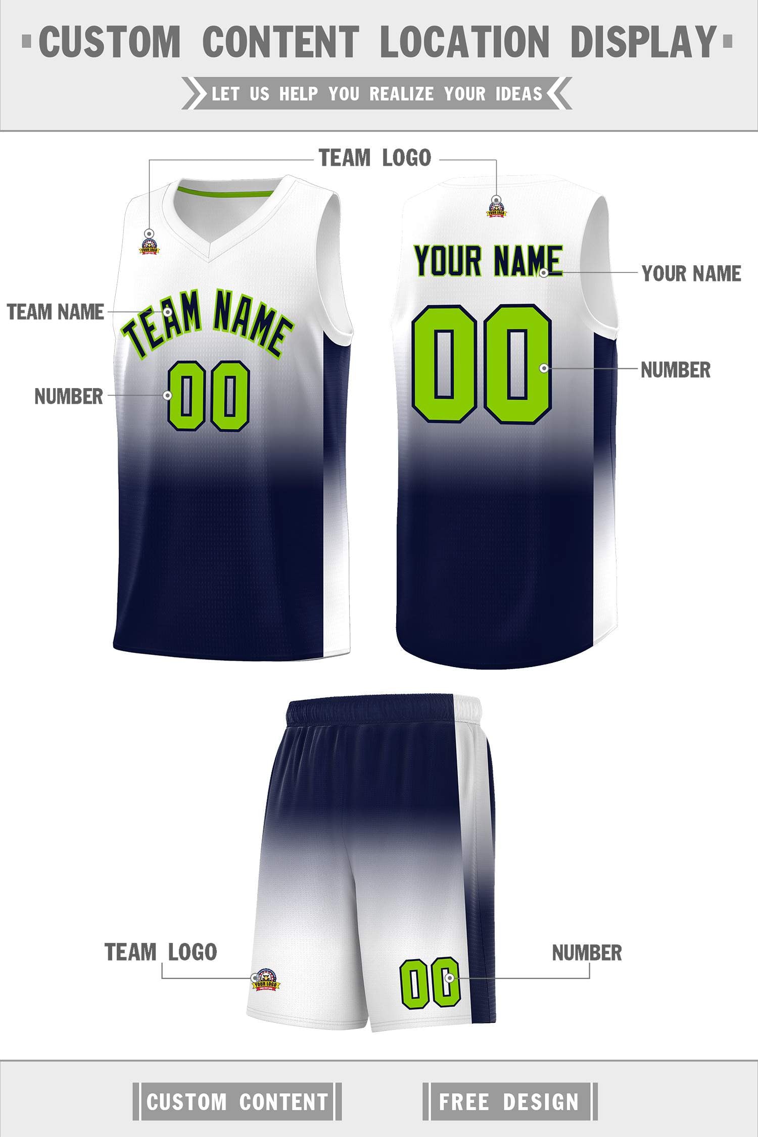 Custom White Navy Gradient Fashion Sets Sports Uniform Basketball Jersey