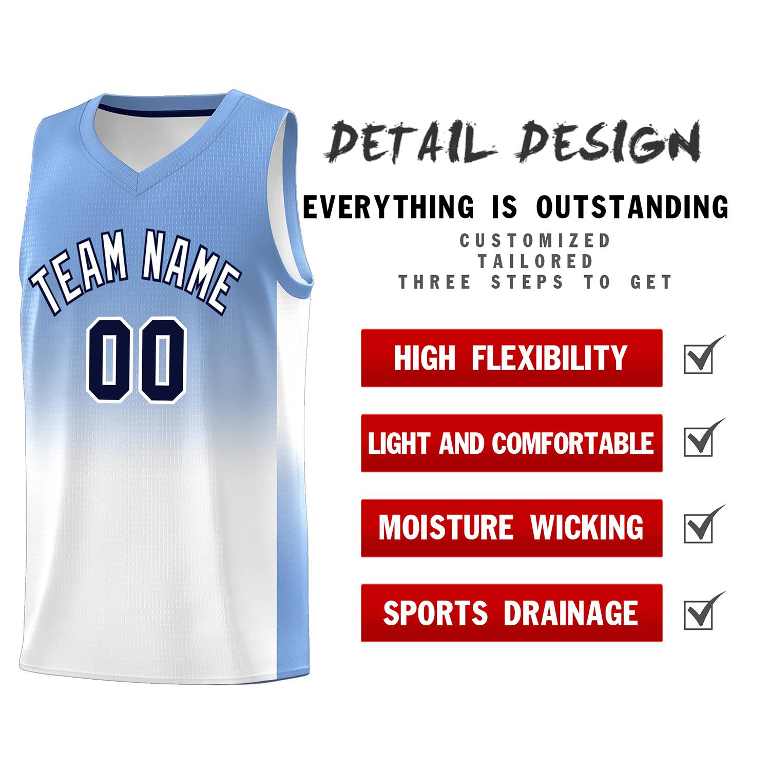 Custom Light Blue White Gradient Fashion Sets Sports Uniform Basketball Jersey