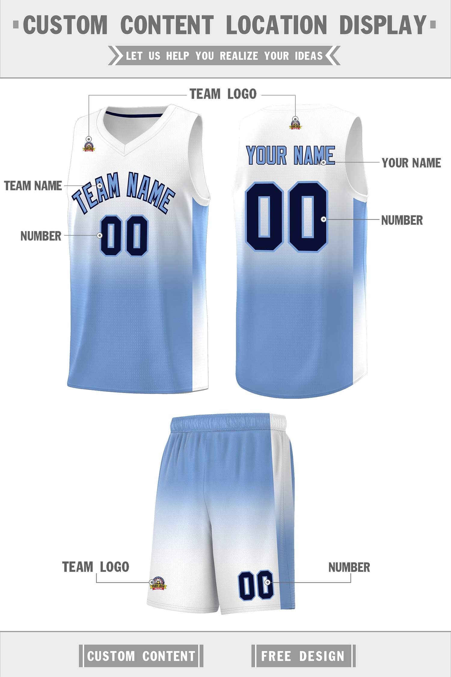 Custom White Light Blue Gradient Fashion Sets Sports Uniform Basketball Jersey