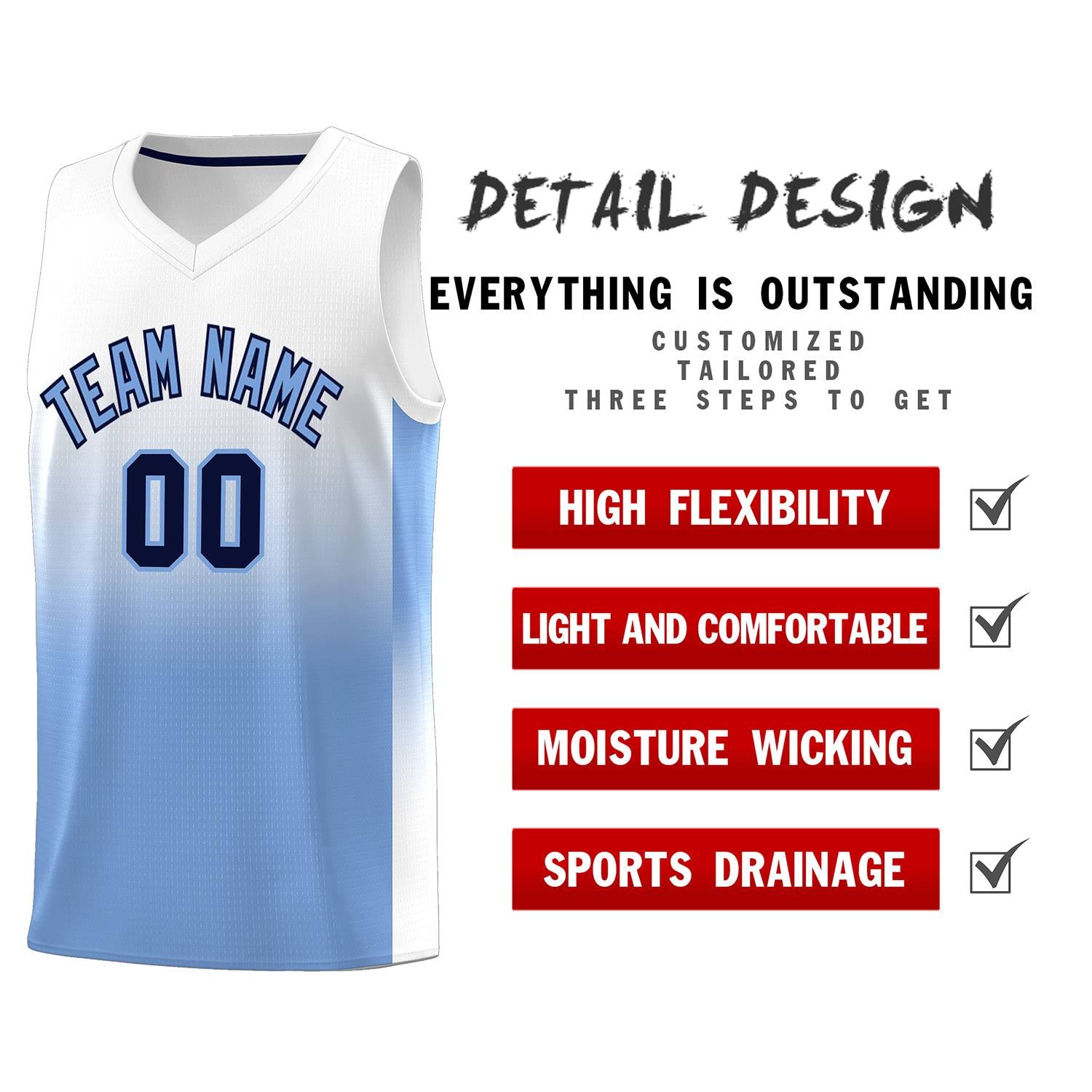 Custom White Light Blue Gradient Fashion Sets Sports Uniform Basketball Jersey