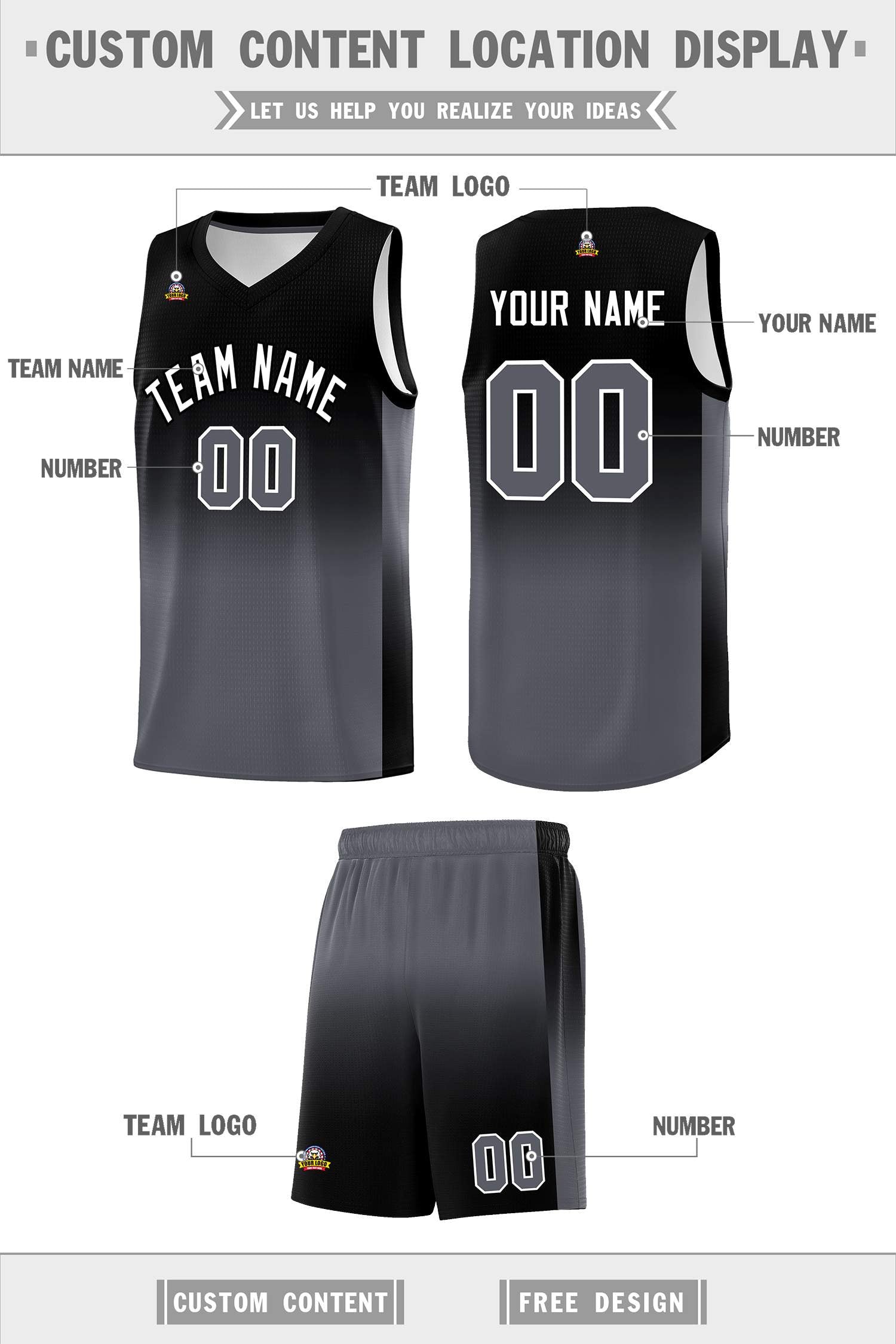 Custom Black Dark Gray Gradient Fashion Sets Sports Uniform Basketball Jersey