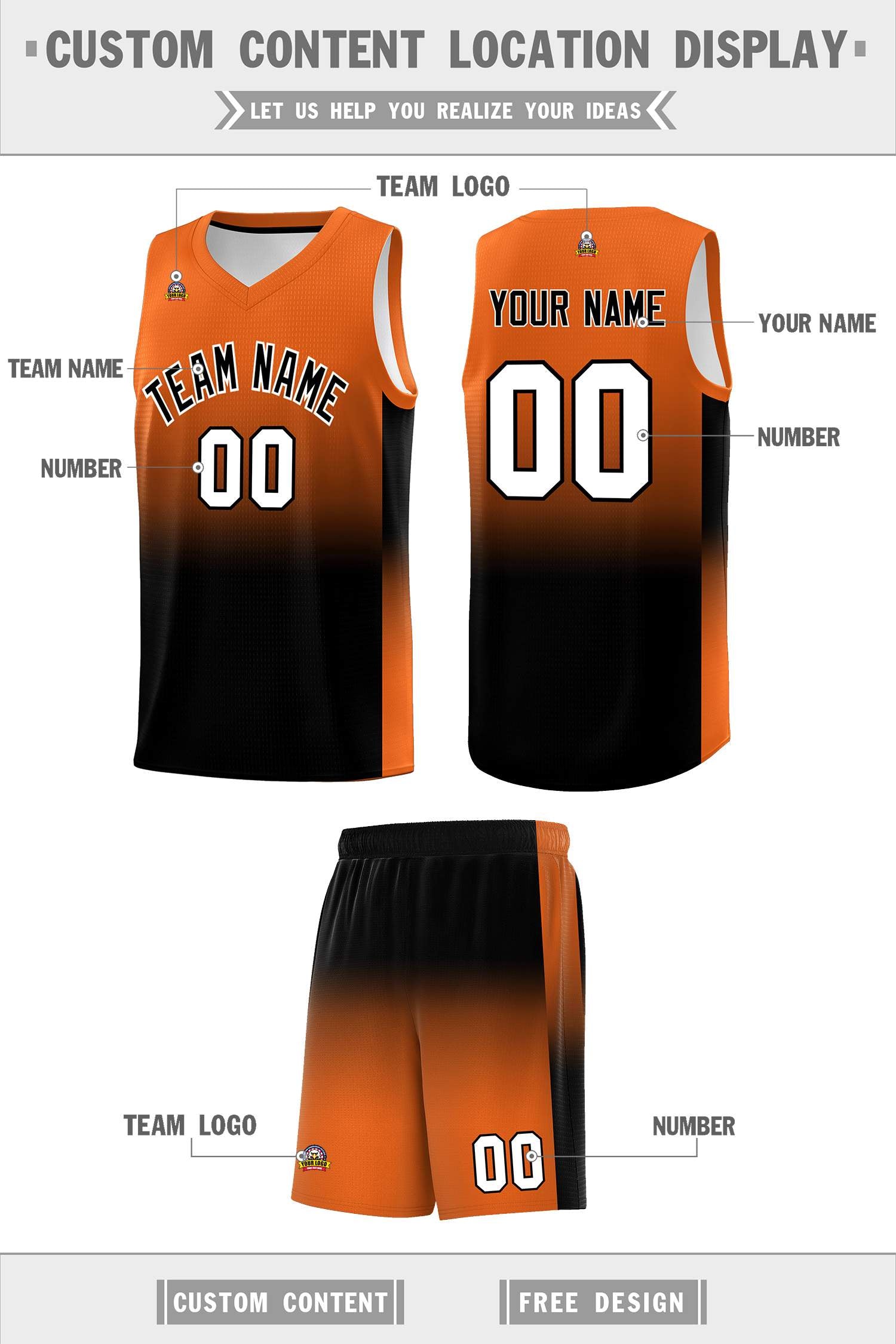 Custom Orange Black Gradient Fashion Sets Sports Uniform Basketball Jersey