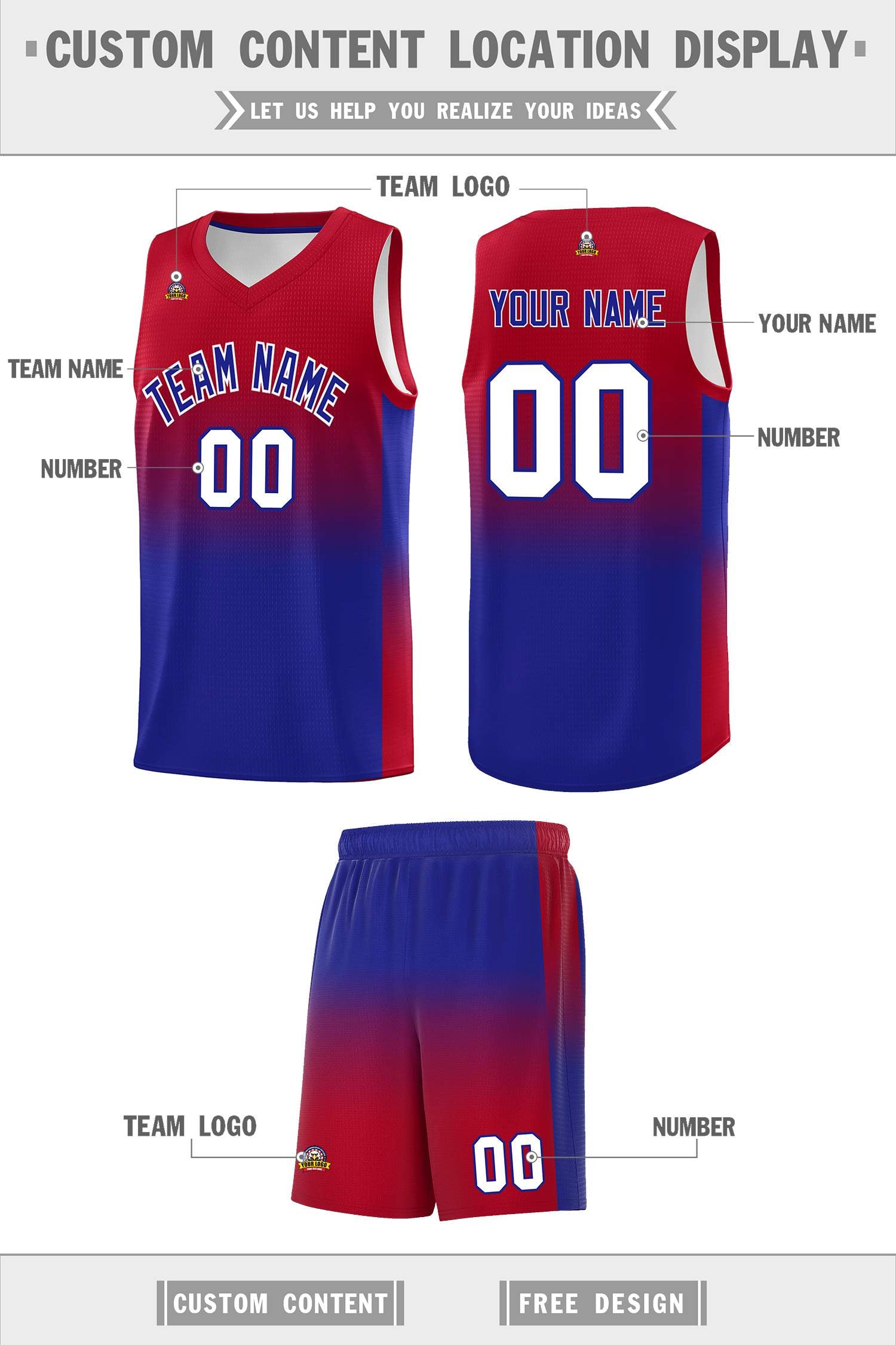 Custom Red Royal Gradient Fashion Sets Sports Uniform Basketball Jersey