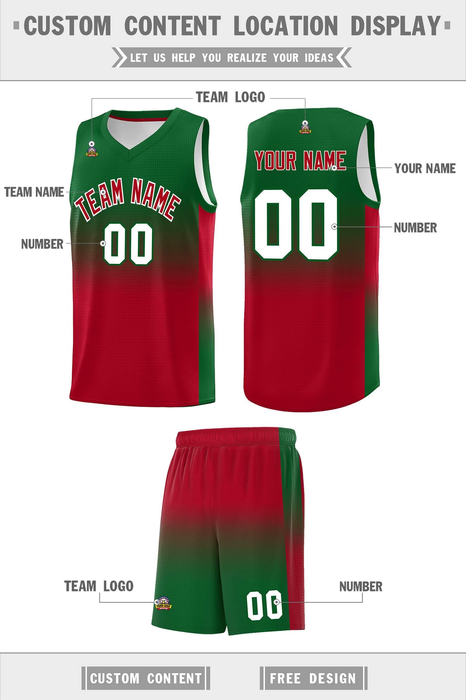 Custom Kelly Green Red Gradient Fashion Sets Sports Uniform Basketball Jersey